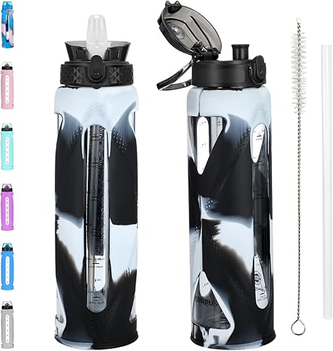 Botella de agua de vidrio de 32 onzas con tiempos de beber popote y tapa abatible botellas de agua motivacionales para hidratación a prueba de fugas