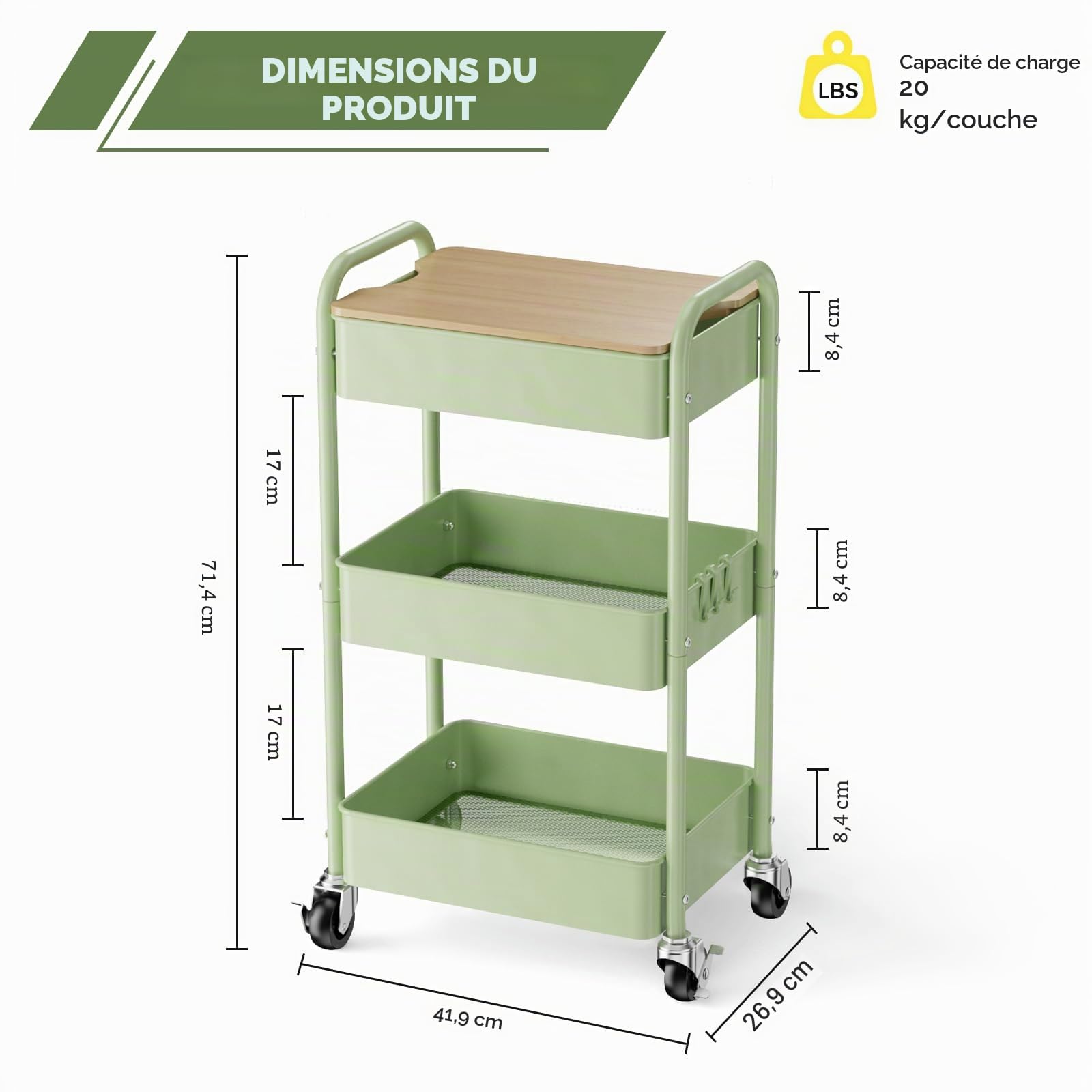 Chariot à 3 Niveaux avec Plateau de Table, Service Polyvalent en Métal, Étagère sur Roues, Organiseur de Cuisine Stable (Vert)