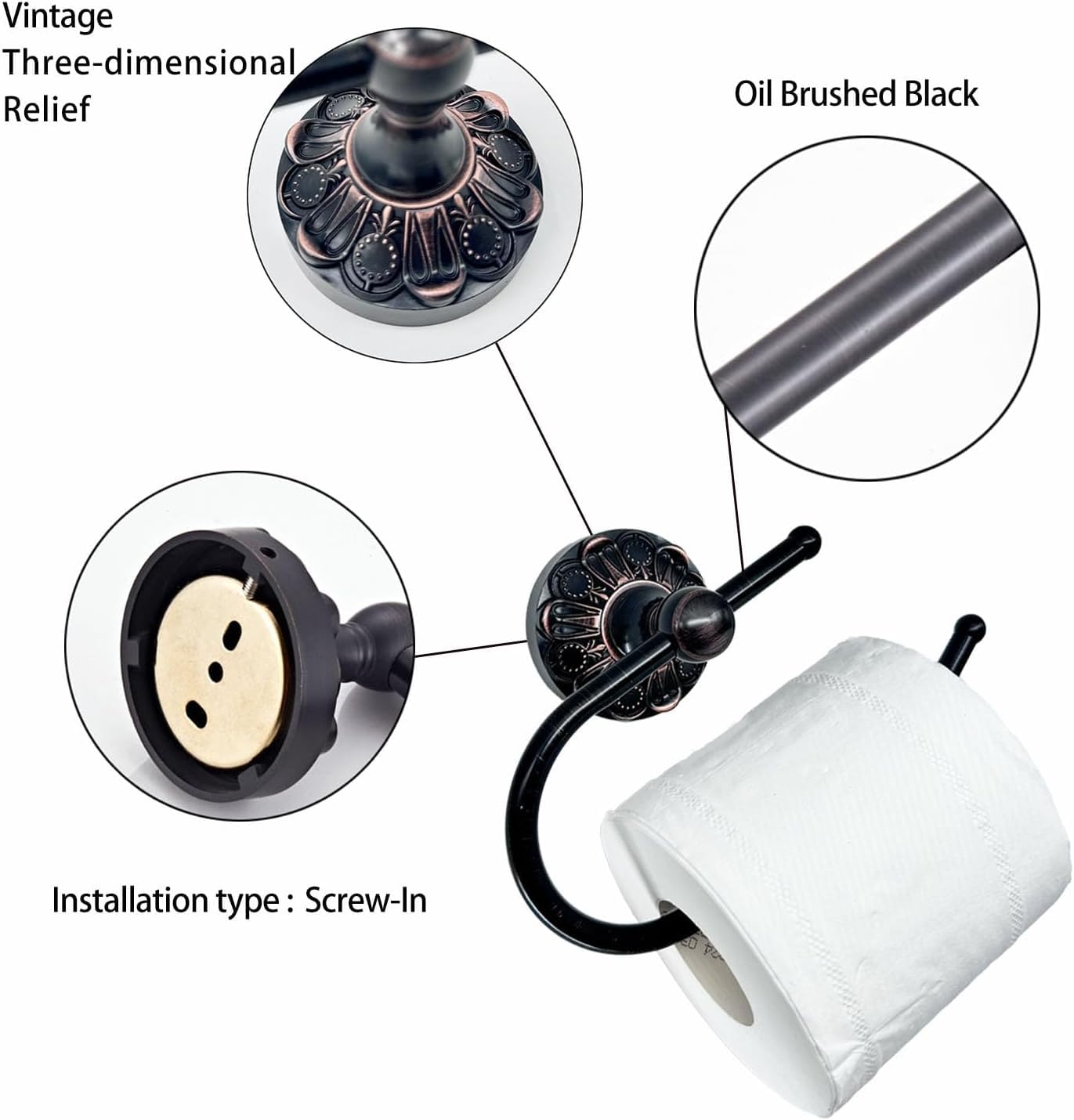 CALUCAB Antique Brass Toilet Roll Holder Brush Bronze Wall Mounted Toilet Roll Holder Open Arm Towel Holder Tissue Roll Holder for Bathroom Kitchen (Oil Matte Black) - Image 3