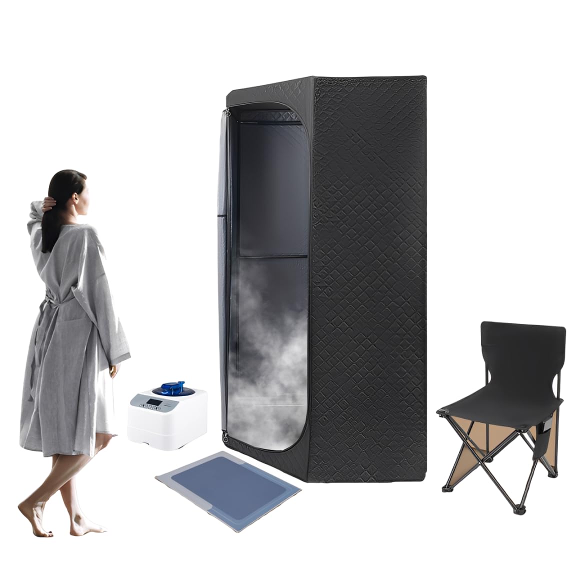 Sauna de vapor, sauna portátil para el hogar, 9 niveles de calefacción, rango de tiempo 5-60 min, caja de sauna con generadores de vapor, silla plegable, alfombrilla, mando a distancia, bolsa portátil