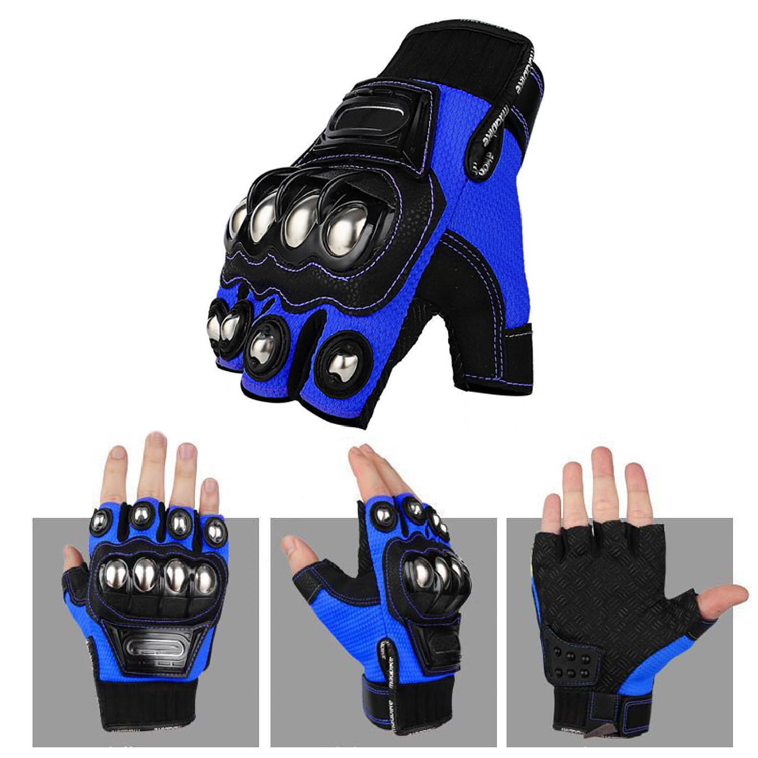Half Finger Sports Outdoor Tactical Gloves, Stainless Steel Finger Guard Protector for Motorcycle Fight Boxing Combat (Blue,XX-Large)