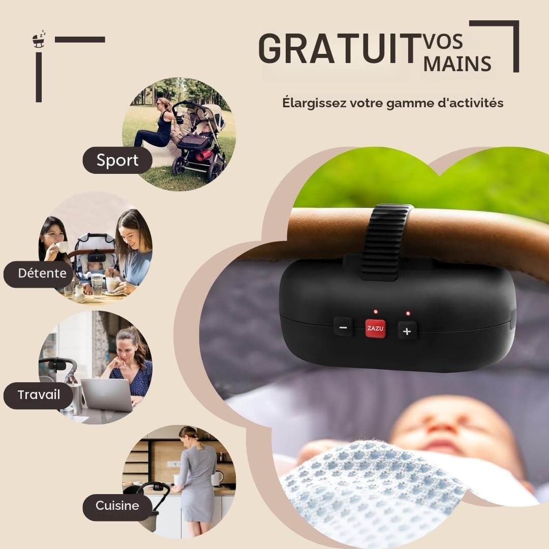 ZAZU Robby Balançoire automatique pour bébé, épaisseur réglable, minuterie 40 min, capteur de cri pour bébé, rechargeable par USB-C, étanche, universel pour poussette et buggy