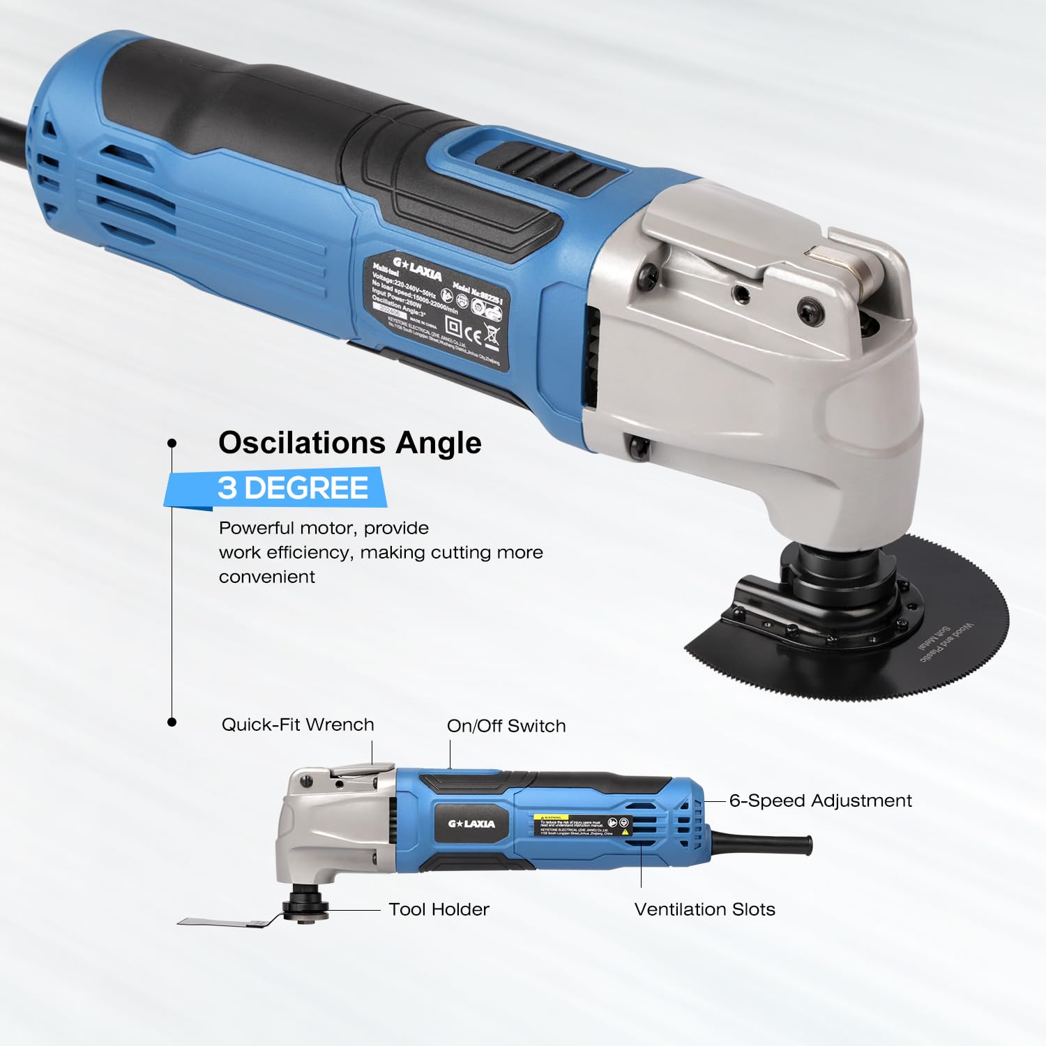 Strumenti Oscillanti 260W, 6 Velocità Variabile 15000-22000RPM Utensile Multifunzione, Angolo di Oscillazione 3° multifunzione oscillante,39 Pezzi Accessori con Borsa da Trasporto