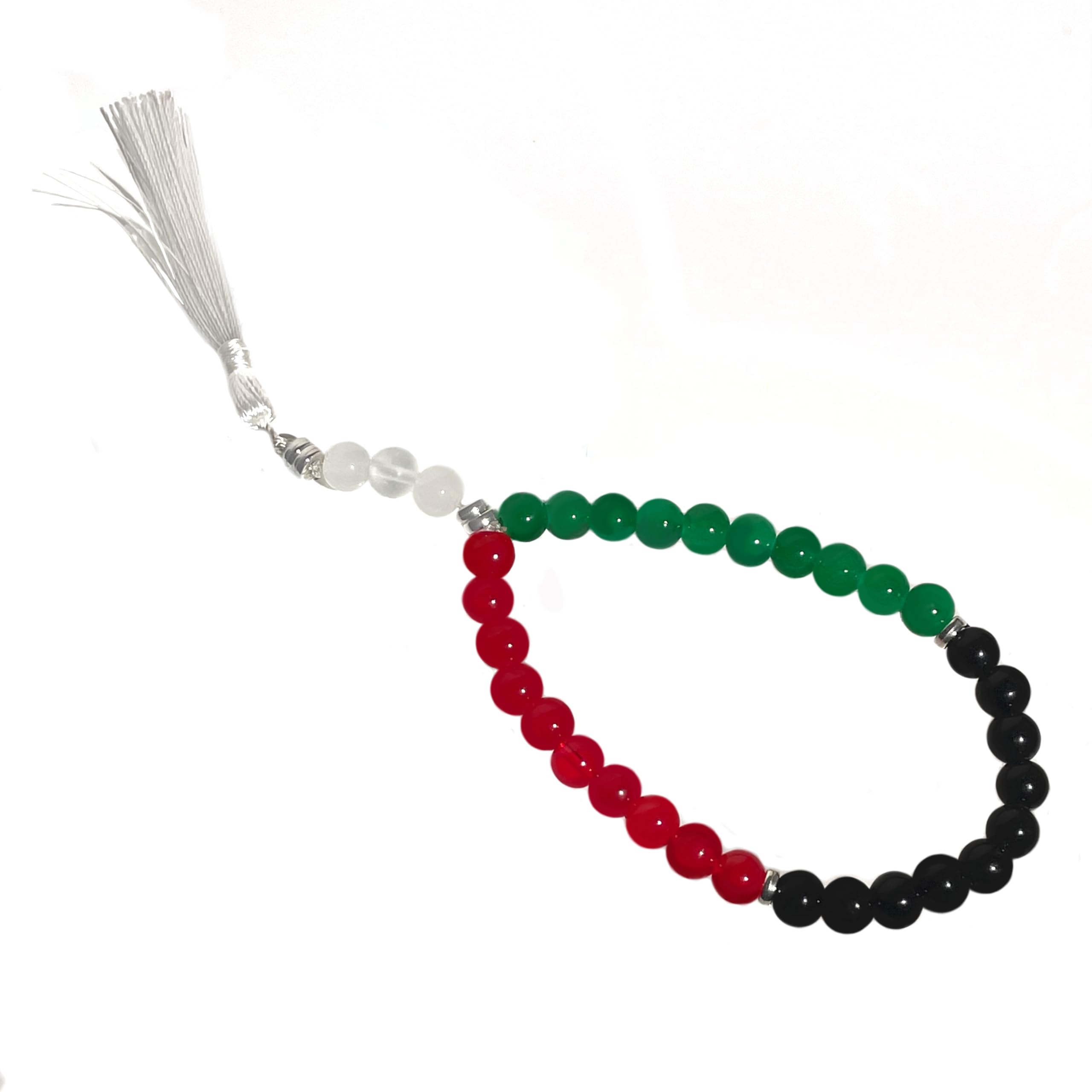 UAE flag colour Tasbih 33 beads, UAE flag colour prayer beads - Car Front Mirror Hanging Red, Black, White and Green - Car Hanging Decor, crystal beads