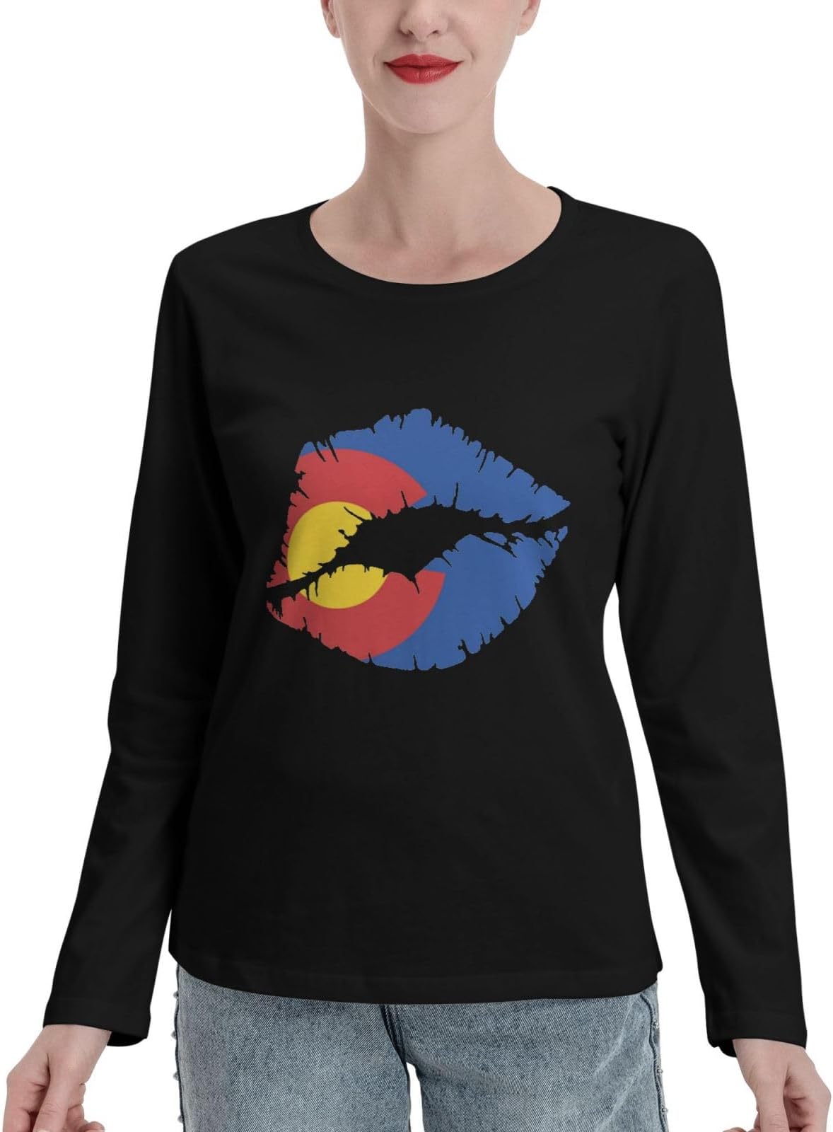 Womens Long Sleeve Cotton Crew-Neck T-Shirt Colorado-Lips Casual Basic Tops Blouse