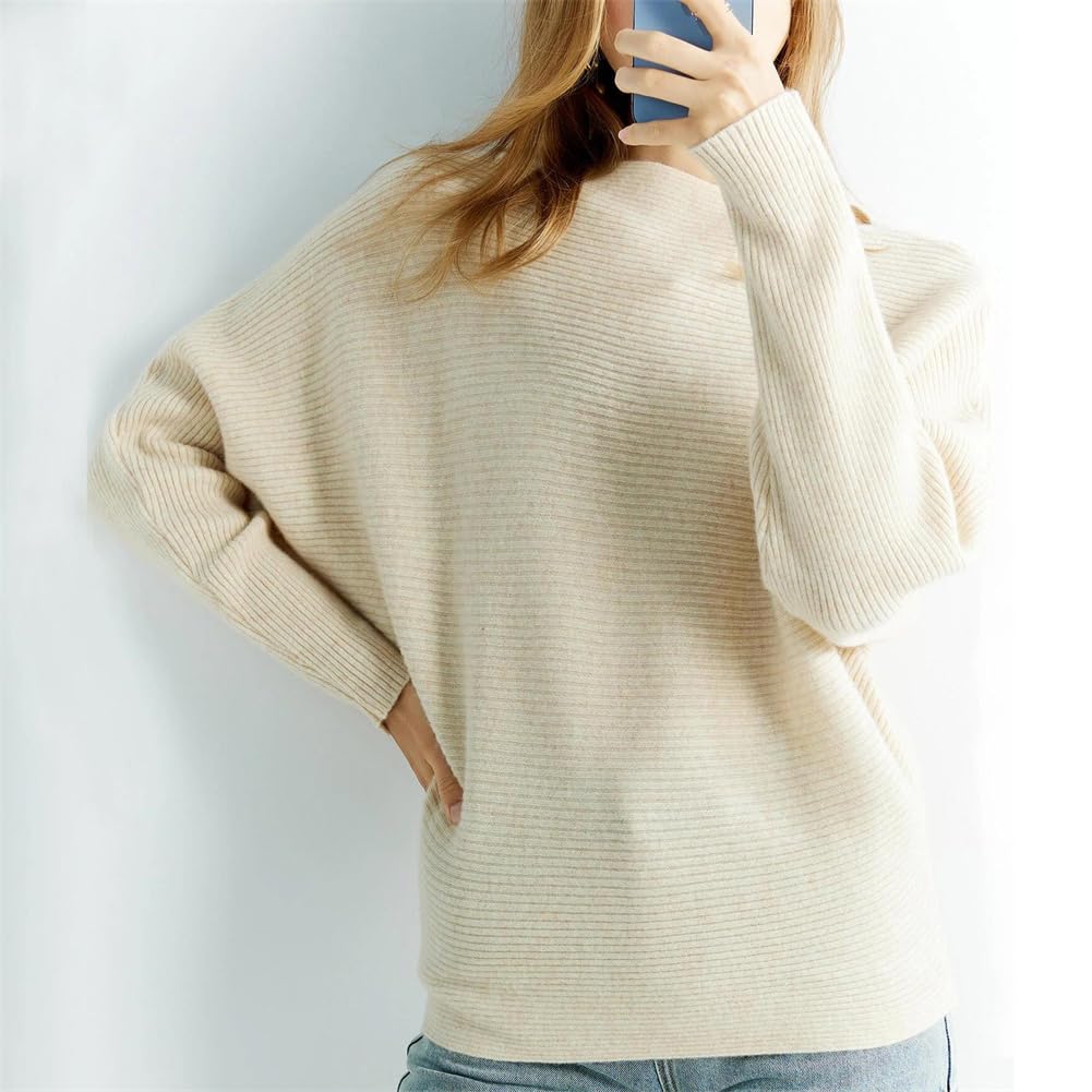 Maglione da donna in 100% lana merino, girocollo, maniche a pipistrello, tinta unita, maglione di base