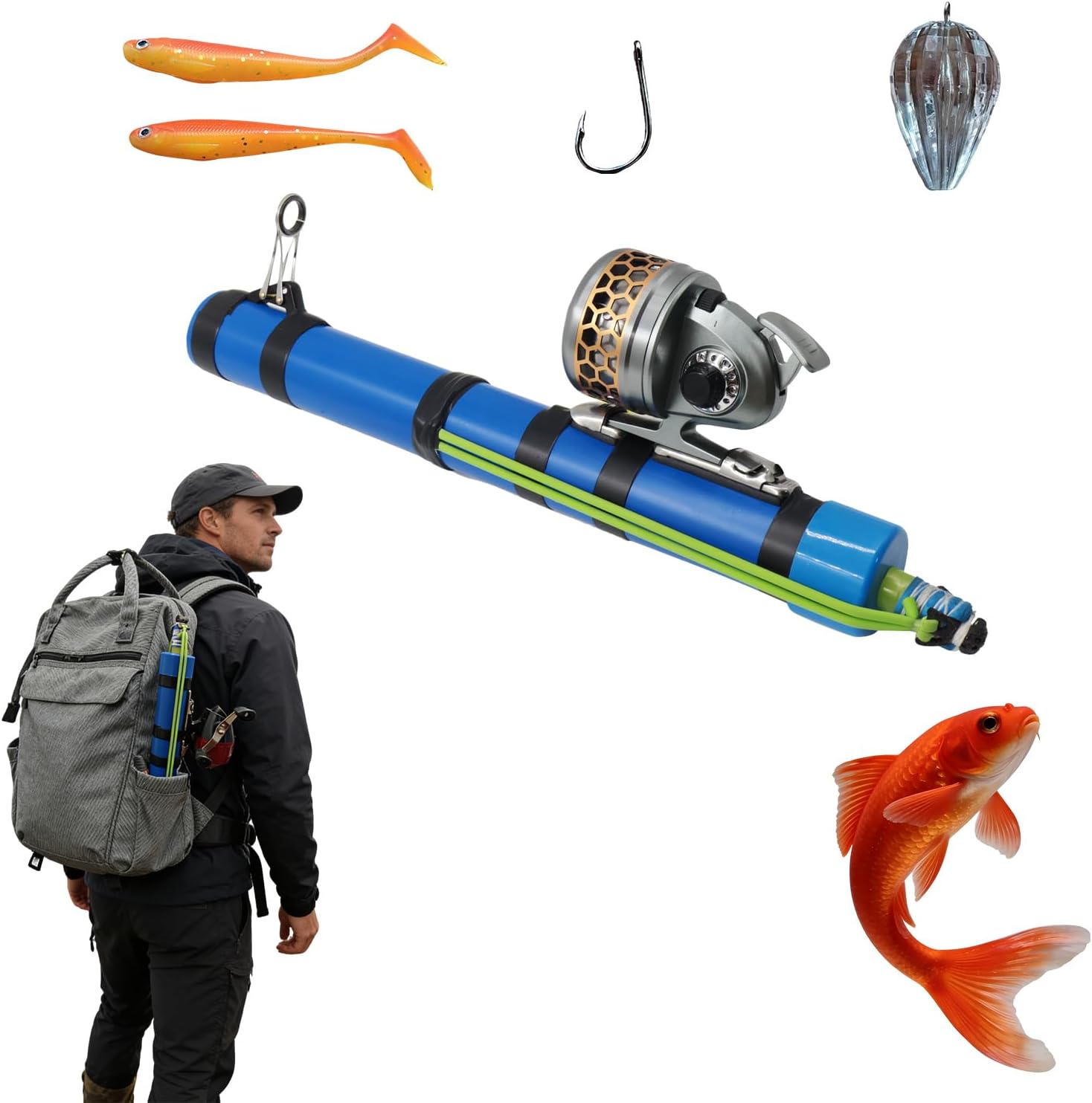 2-in-1 Portable Fishing Rod and Reel Combo with Bait Launcher – Backpack-Friendly Collapsible Shore Fishing Tool, All-in-One Fishing Kit with Lures Hooks Sinkers,Slingshot Fishing Reel