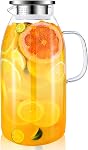 Glass Pitcher, veecom 80oz Water Pitcher with Lid, 2.4L Large Glass Pitcher with Lid and Spout for Hot&Cold Beverage, Juice, Iced Tea Pitcher for Fridge, Borosilicate Glass Carafe/Jug with Brush