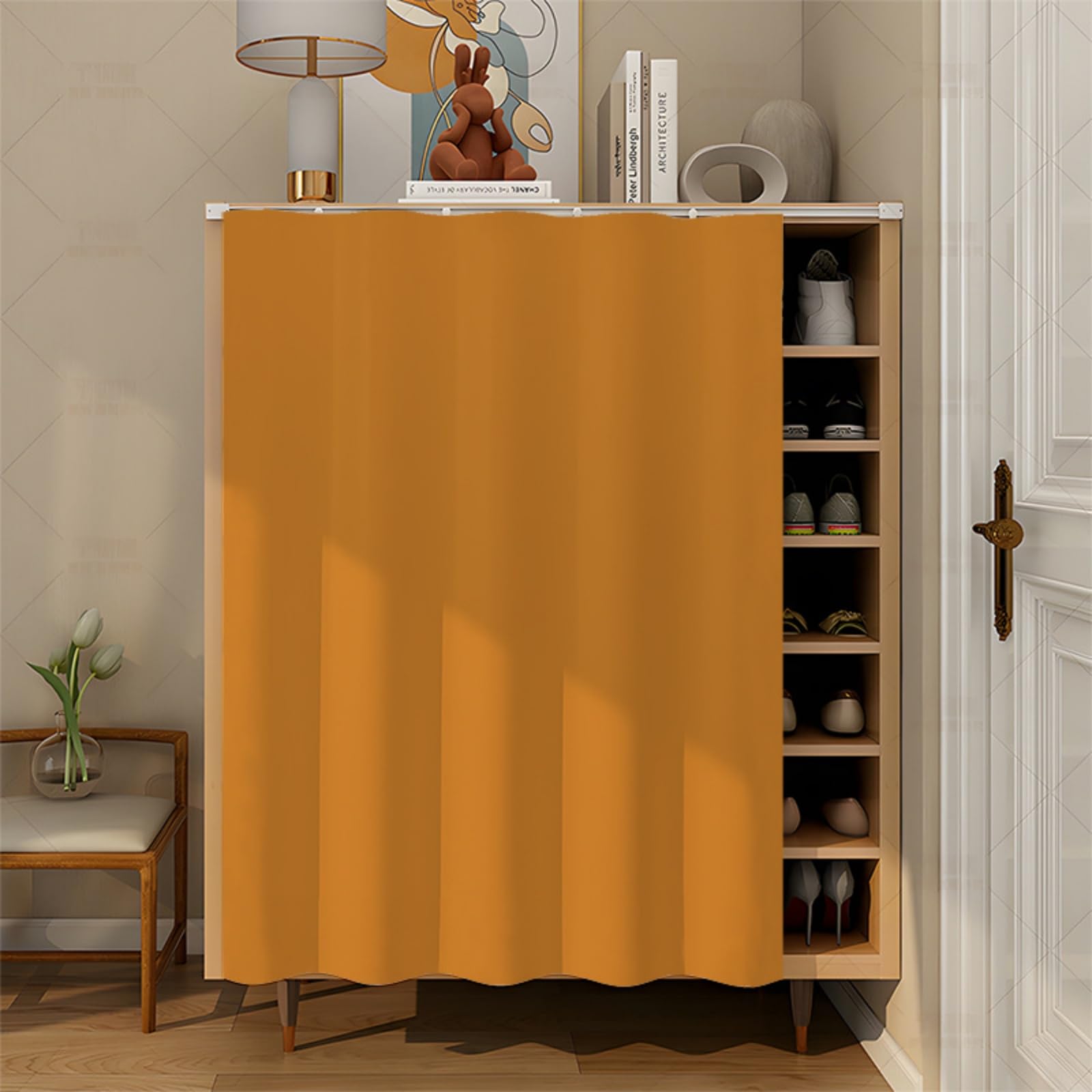 Fasbuy Cupboard Short Curtains Kitchen with Hook and Loop, Hide Away Small Curtains for Kitchen Cupboard Door - No Drilling Is Required for Under Sink, Bookcase, Bathroom (Yellow,H90x80cm)