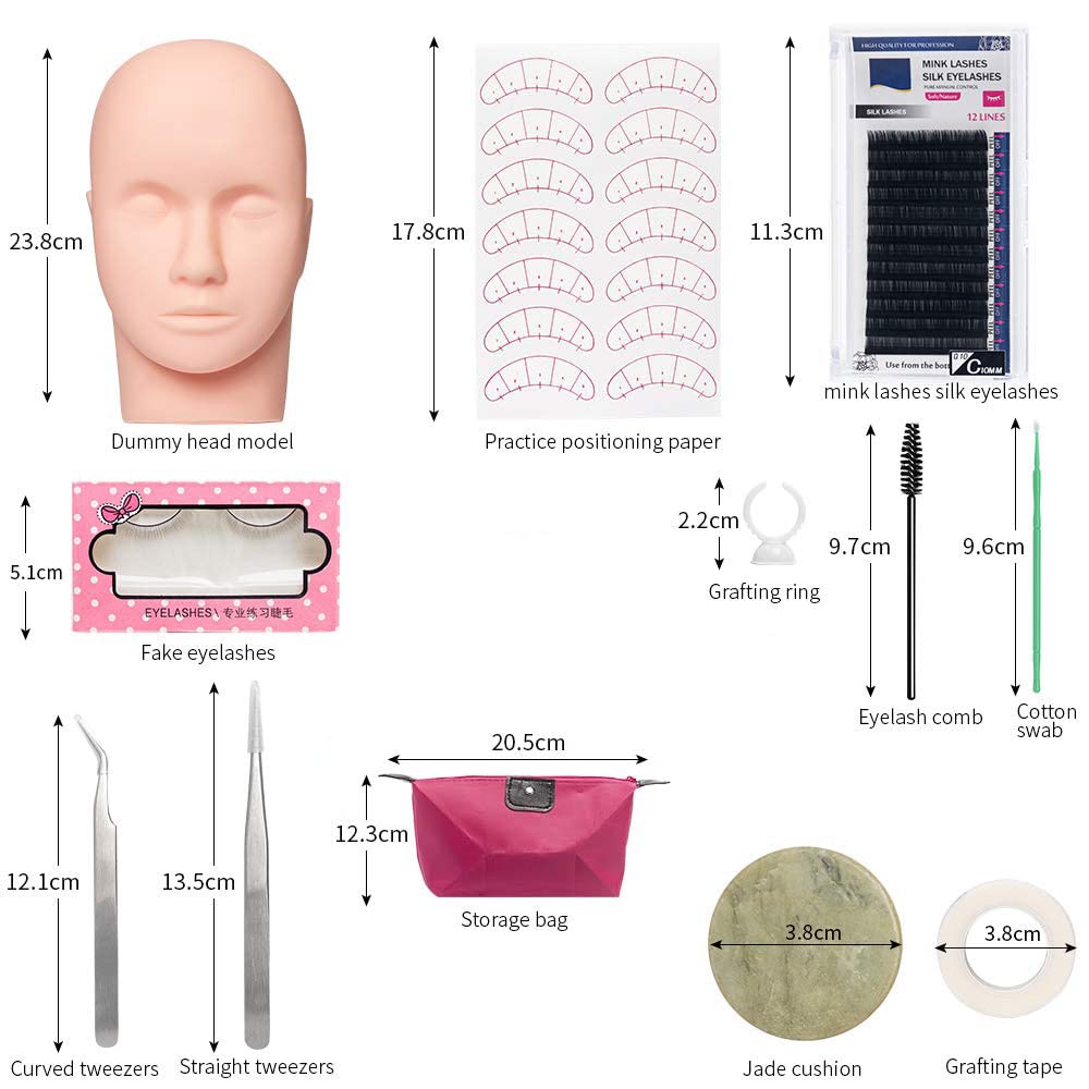 zalati Set di pratica per l'estensione delle ciglia finte 12 pezzi Strumento per esercizi, Kit per innesto di trucco per labbra con testa di manichino per la pratica delle ciglia