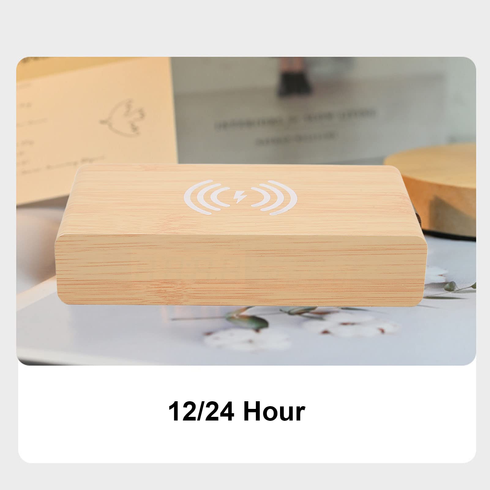 Sveglia in Legno con Ricarica Wireless, Display LED Dimmer a 3 Livelli, Temperatura e Data, Snooze, Schermo Spento, Legno di bambù, Ornamento Decorativo, Regali per Bambini