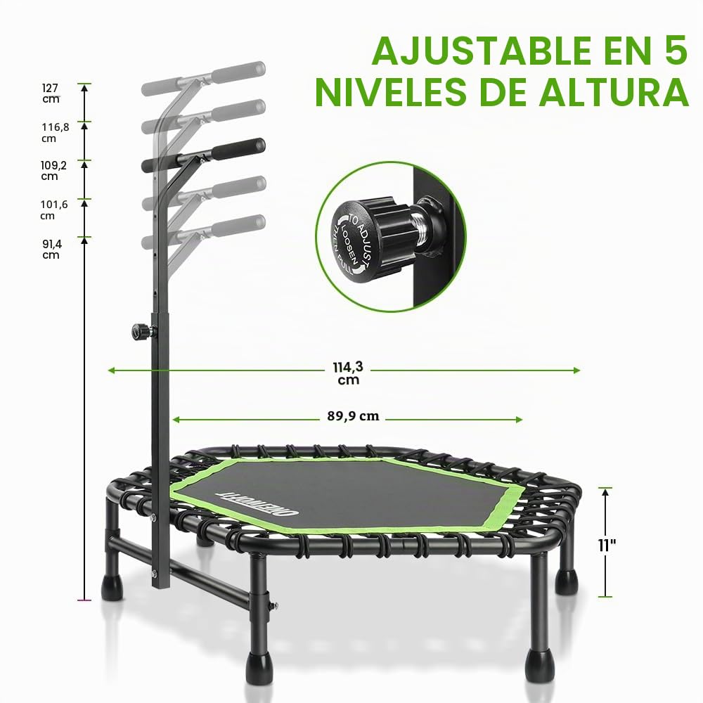 ONETWOFIT 107/114cm Trampolín de Rebote para Adultos, Mini trampolín silencioso para Ejercicio en Interiores al Aire Libre, trampolín de Fitness con Rebote Bungee Verde