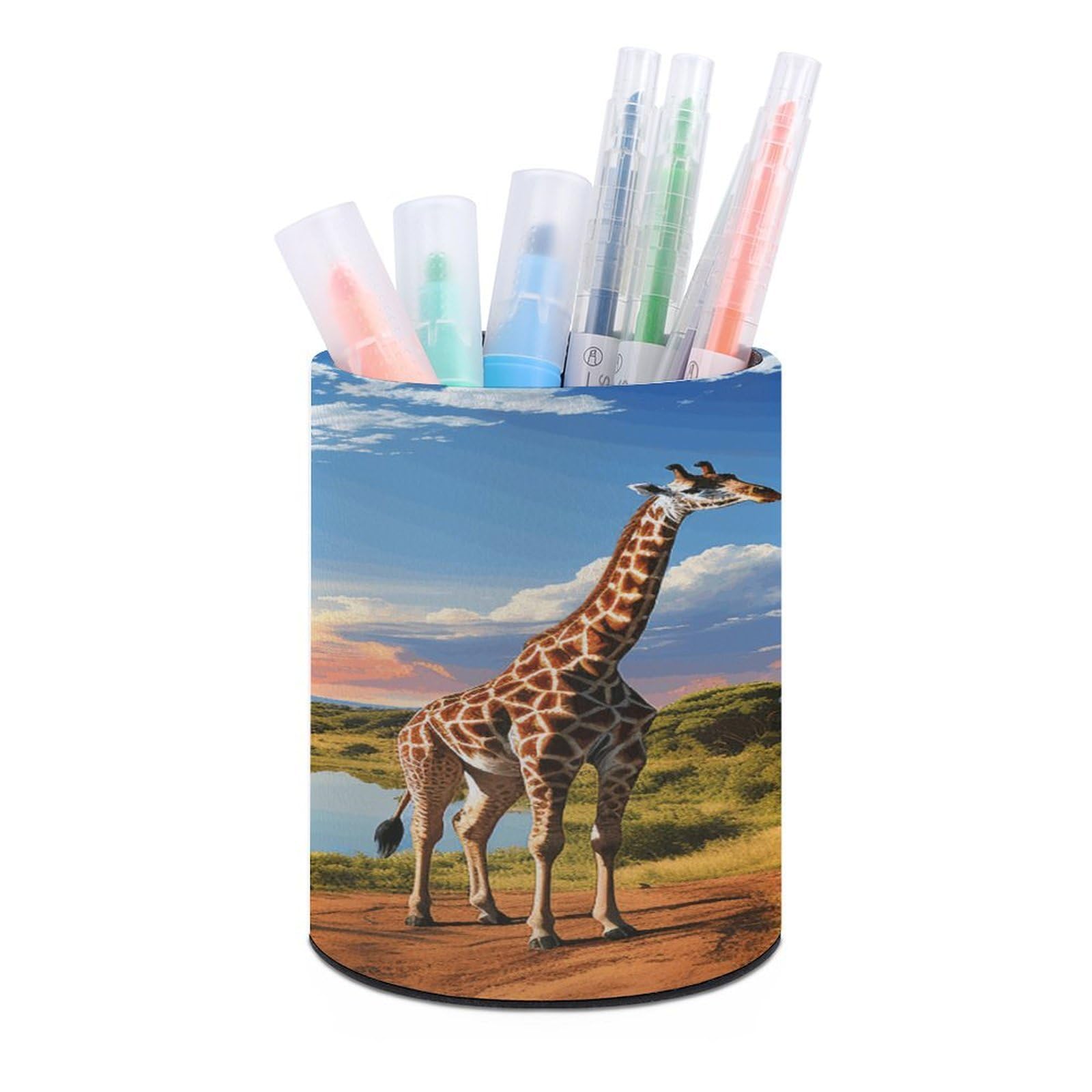 African Landscape Round Pencil Holder with River Nile and Giraffe Pen Holder PU Leather Container Desk Organizer Stand for Desk Decor Desk