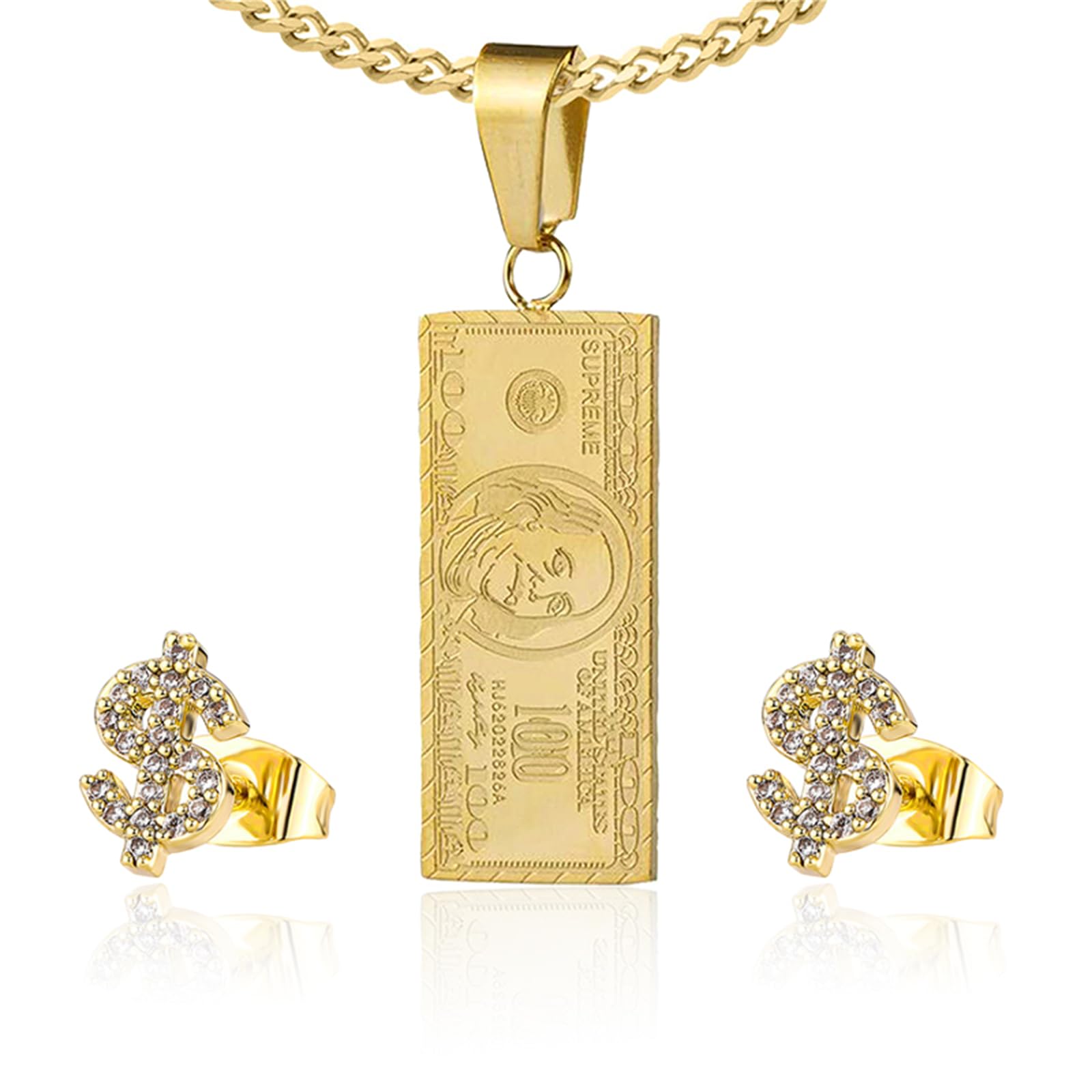 Dollar Sign Symbol Necklace Earrings Set for Women Men 14K Gold Plated Money Pendant Necklace Crystal Dollar Sign Stud Earrings Personalized Party Jewelry