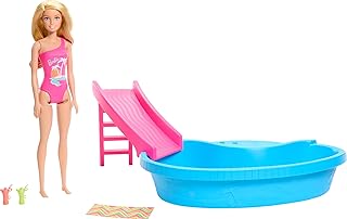Barbie Doll and Pool Playset, Blonde in Tropical Pink One-Piece Swimsuit with Pool, Slide, Towel and Drink Accessories