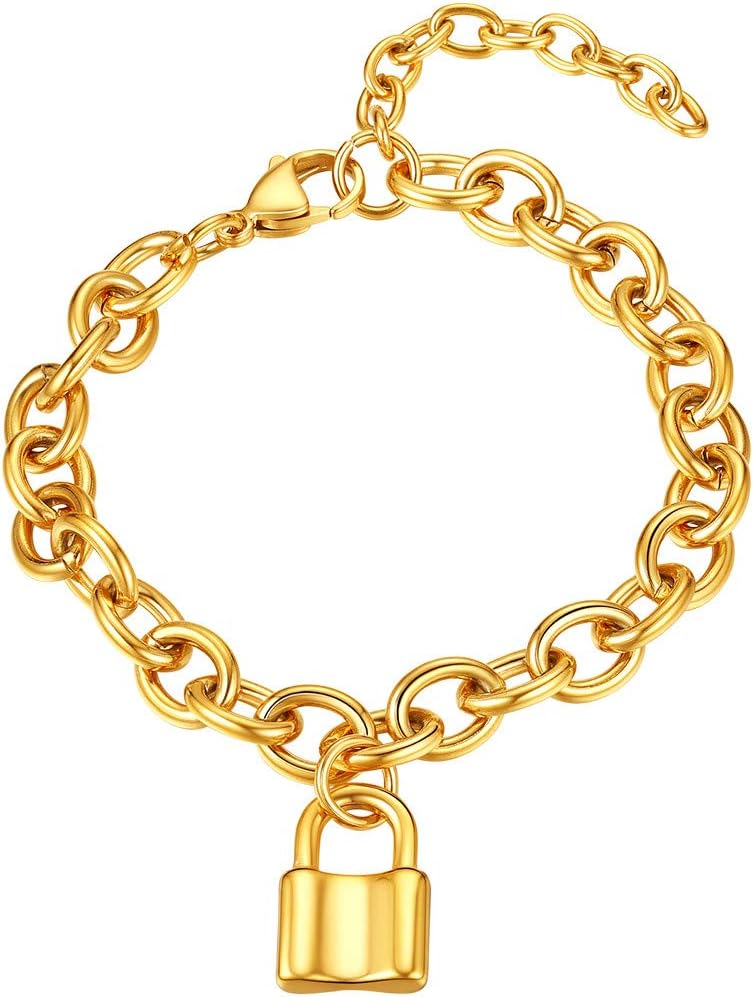FindChic Stainless Steel Handcuff Bracelet Chunky Cuban Link Anchor Link Padlock Chain for Women Punk Jewelry, Send Gift Box