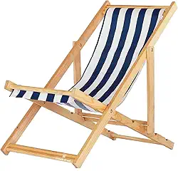 Espreguiçadeira 118,5cm Reclinável para Jardim - Sem Braço, Madeira Maciça, Acabamento Natural, Com Tecido (Listrado Azul e Branco)