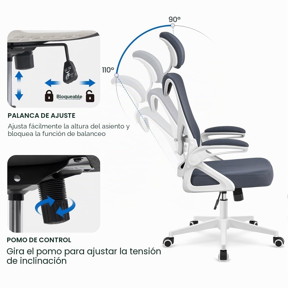 Yaheetech Silla de Oficina Ergonomica con Soporte Lumbar Blanco Gris | Reposabrazo Reposacabeza Ajustable, Base Giratoria de 70 cm, Malla Transpirable, Capacidad Max 150KG