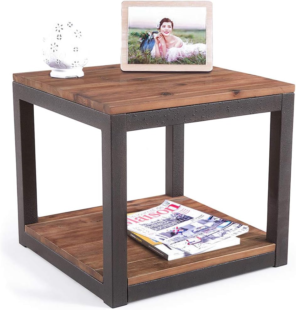 Farmhouse Real Natural Reclaimed Wood End Table with Storage Shelf for Living Room, 19.7" Rustic Side Table, Night Stand Bedroom, Vintage Industrial Brown Metal Frame