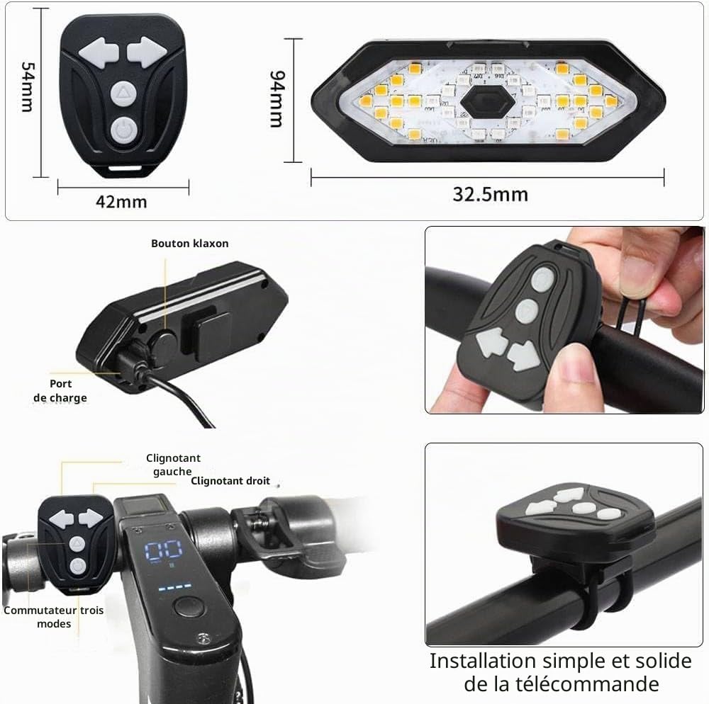 Clignotant de trottinette électrique IPX4 rechargeable par USB avec télécommande sans fil et indicateur de frein automatique et alerte de virage, avec 5 modes, accessoire de scooter pour Xiaomi M365