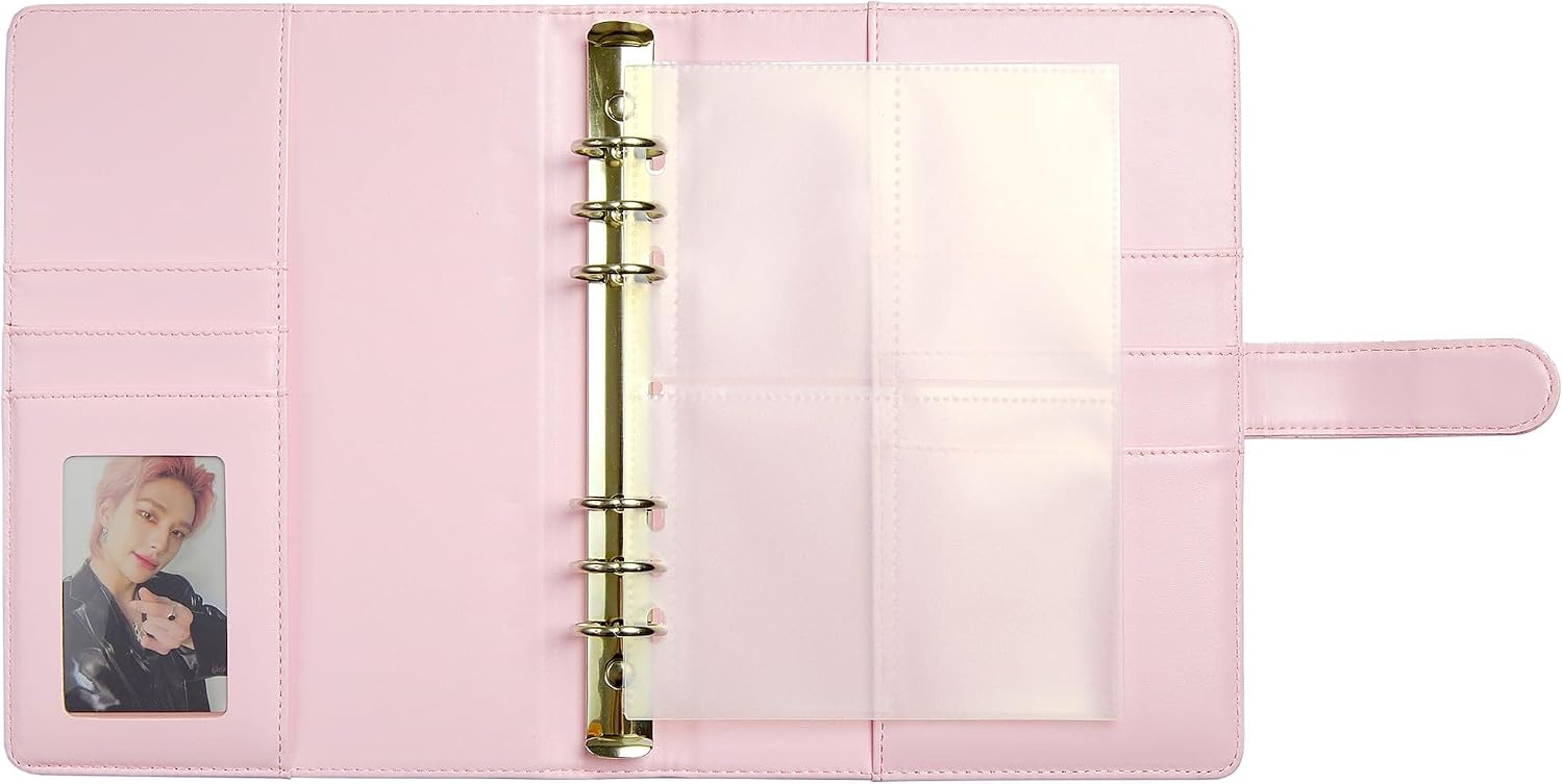 A5 Kpop Photocard Binder, PU Leather refillable Pages, 6 Ring Organizer Binder Cover with 10 Pocket Pages and 1 Set of backboards, Personal Planner with Magnetic Buckle (Pink)