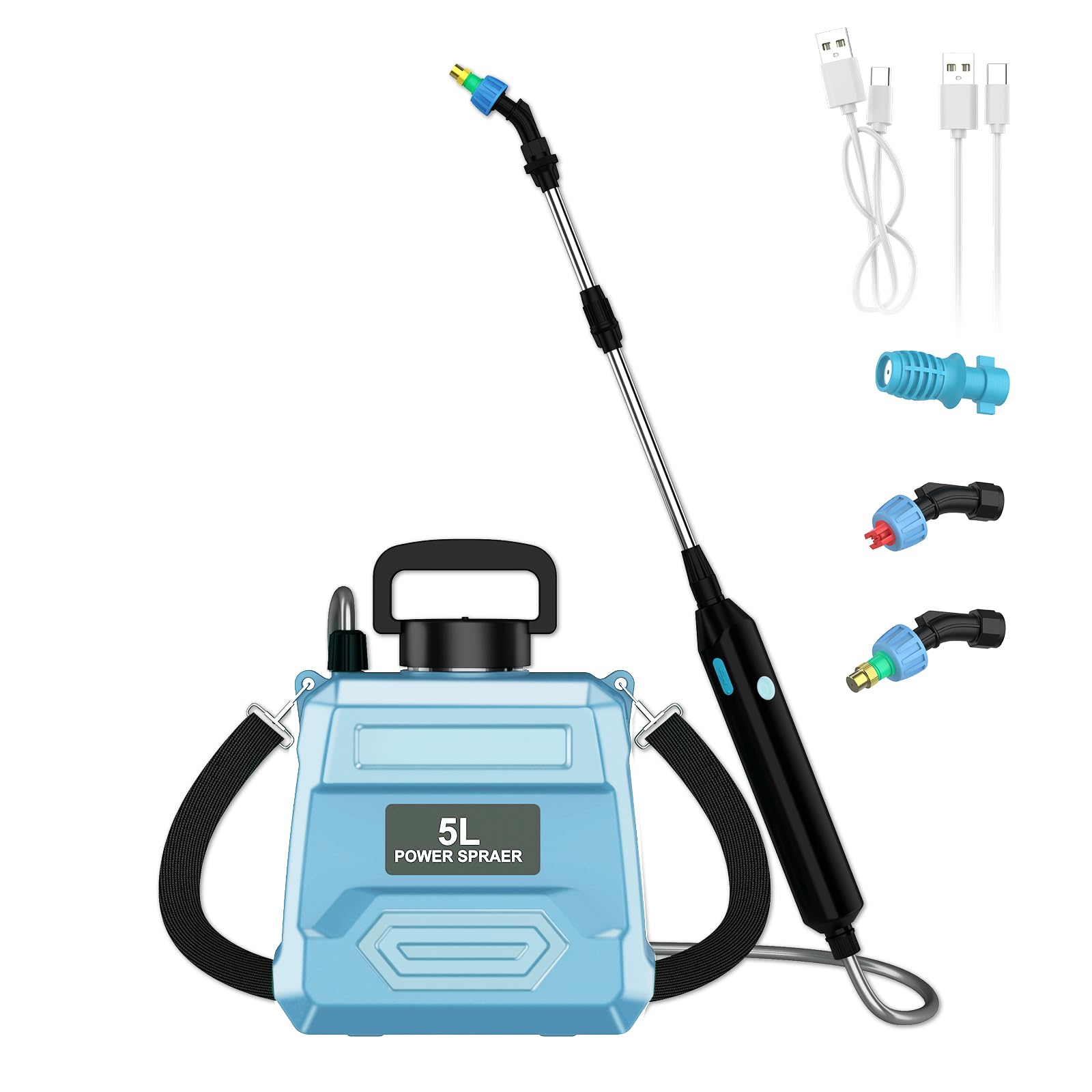 Spruzzatore elettrico 5 l, Nebulizzatore a Batteria con 2 Tipi | 2 modalità di spruzzo e cinghia regolabile, Bacchetta Telescopica, ricarica USB‑C, per diserbo fertilizzazione irrigazione