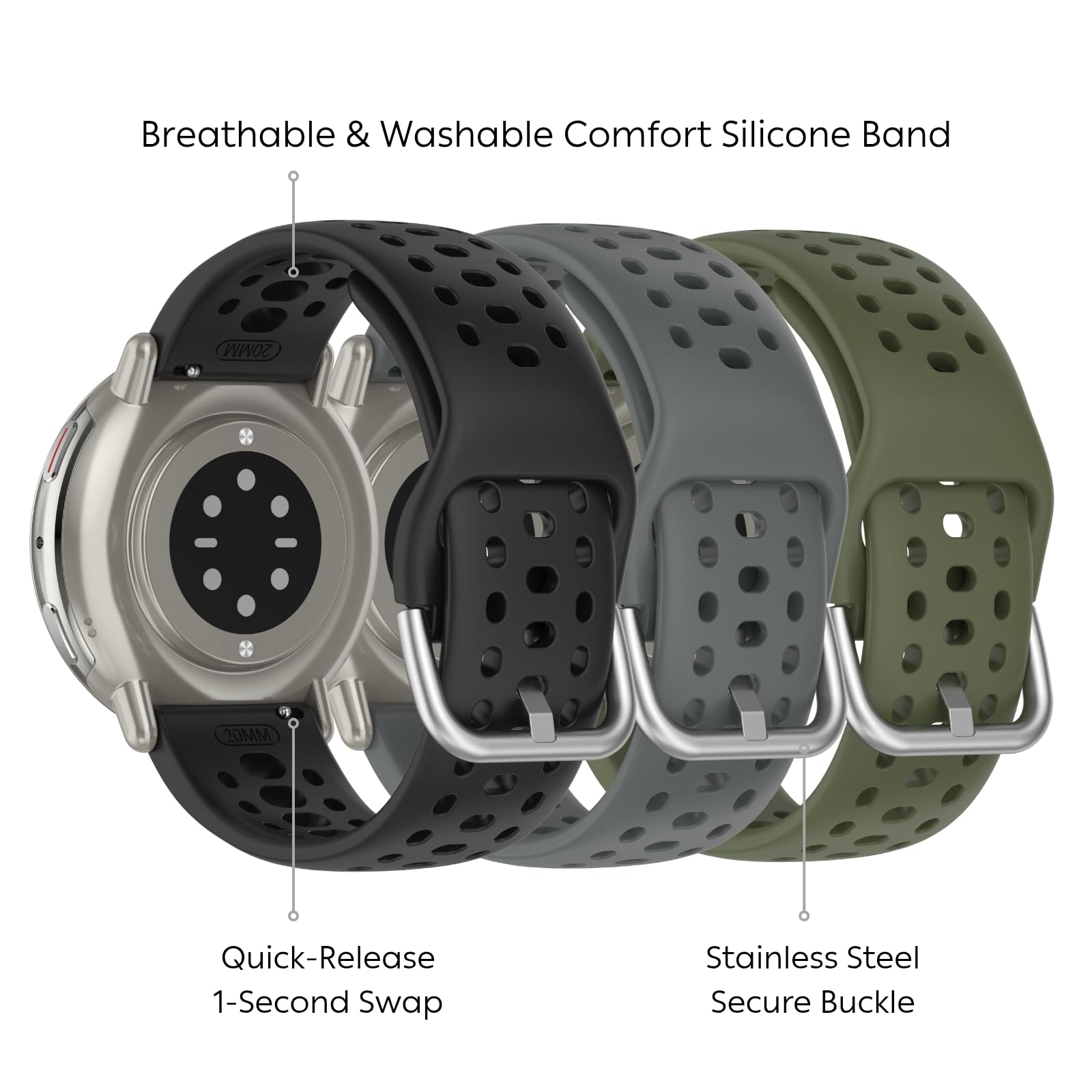Bracelet de montre de 20 mm pour Amazfit Active 2, bracelet de montre de sport à dégagement rapide en silicone compatible avec Amazfit Active 2/Active (lot de 3, noir/gris sidéral/vert