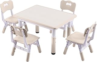 DOREROOM Height-Adjustable Kids Table and 4 Chairs Set, Toddler Table and Chair Set with Graffiti Desktop, 31.5'L x 23.6'W Children Activity Table for Daycare, Classroom, Home