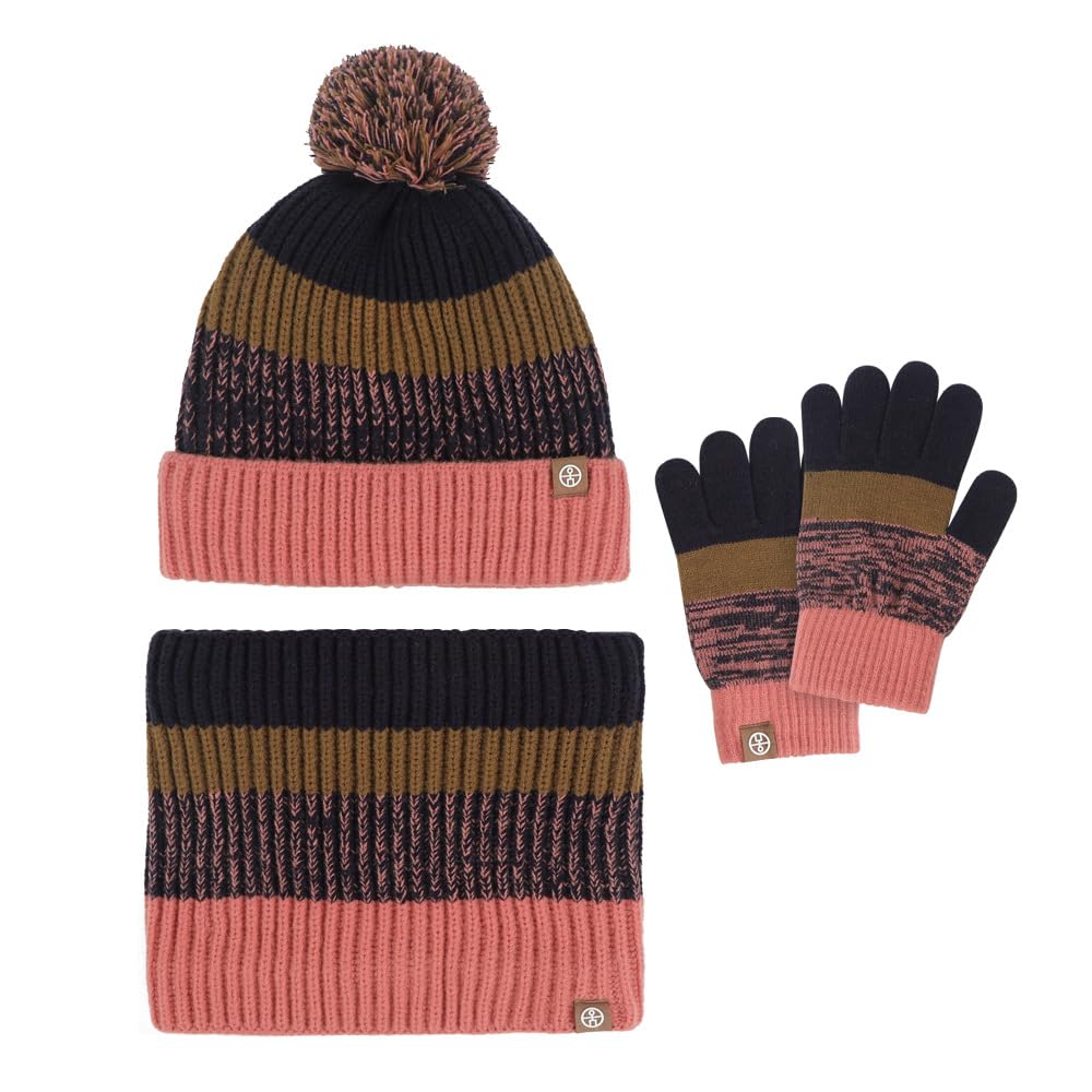 TEMKIN Cappello Invernale Bambini 3 Pz Carino Palla di Pelliccia A Contrasto Colore Maglia Cappello, Sciarpa E Guanti Inverno Caldo Set per I Ragazzi E Le Ragazze 2-10 Anni