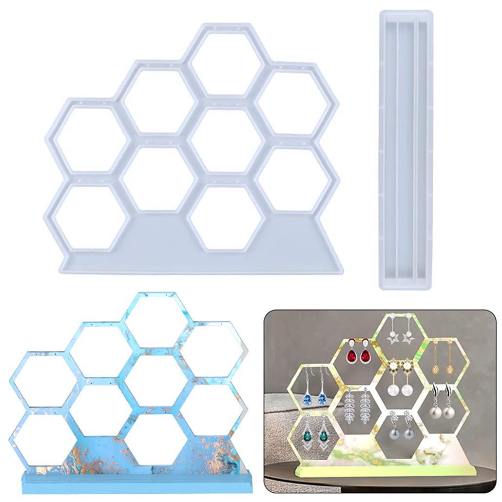 KyeeaDIY 2 Pcs Jewelry Organizer Resin Molds with Base Mold Epoxy Earring Display Holder Moulds Hollow Hexagonal Earring Hanger Silicone Mould Casting for DIY Craft (2 pcs)