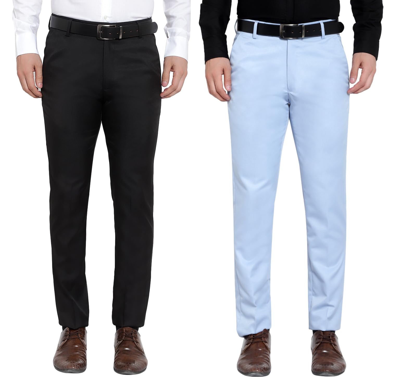 The PS Men's Formal Regular Fit Cotton Blend Black, SkyBlue Combo Trouser (Pack of 2)-picture-16