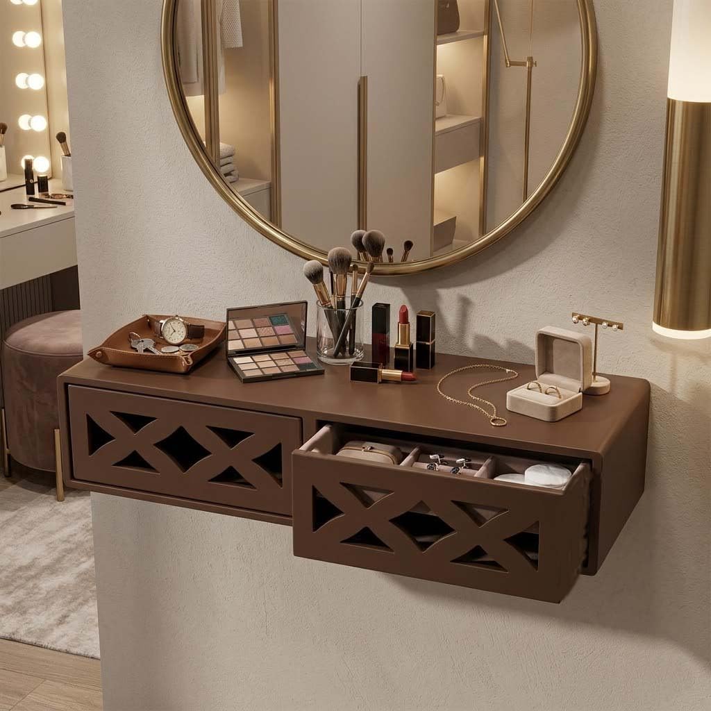 Wooden 2 Drawer Wall Shelf for Living Room & Bedroom | Floating Wall Mounted Storage Shelf with Decor Cut-Out Drawers | Engineered Wood Wall Organizer for Entryway, Hallway Home Décor (Brown)-image-38