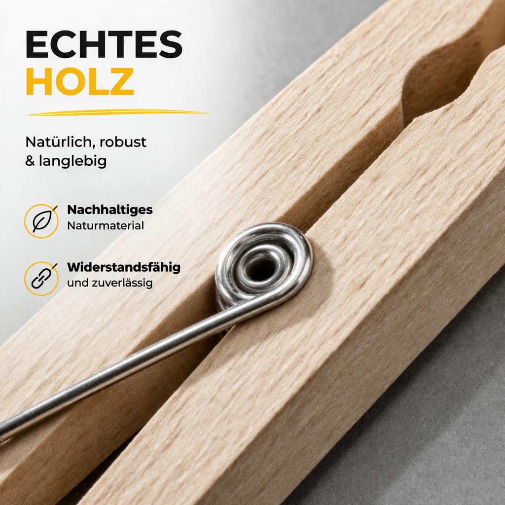 80 Pinzas de Madera de 7 cm para la Ropa - Grandes - Pinzas de Madera Auténtica - Multiusos - Resistentes y Reutilizables