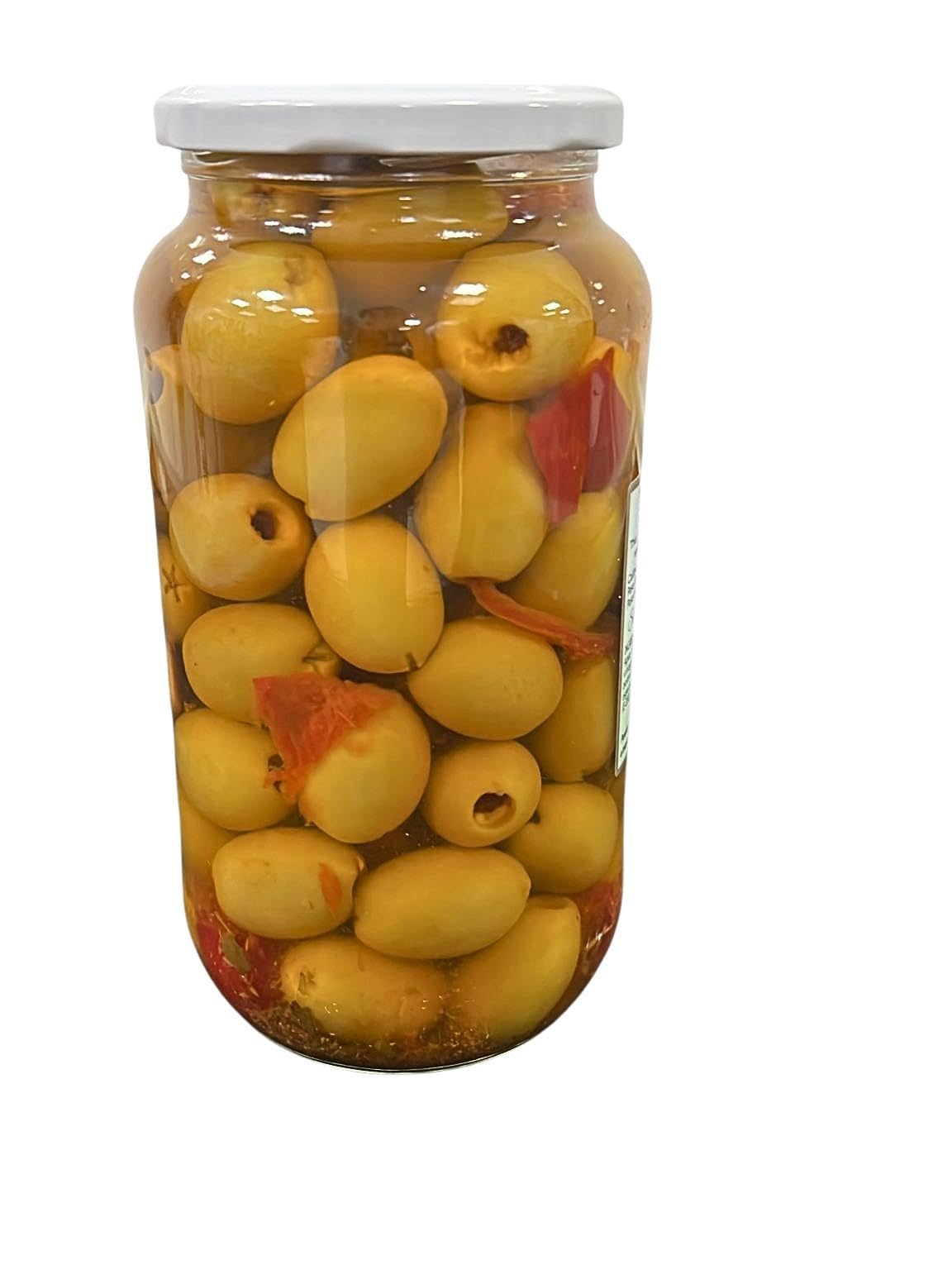 Chicón Lebrón Aceitunas Gordal Deshuesadas Calibre Gigante 80/120 Estilo Casero con Ajo Pimiento Picante Tarro 900g