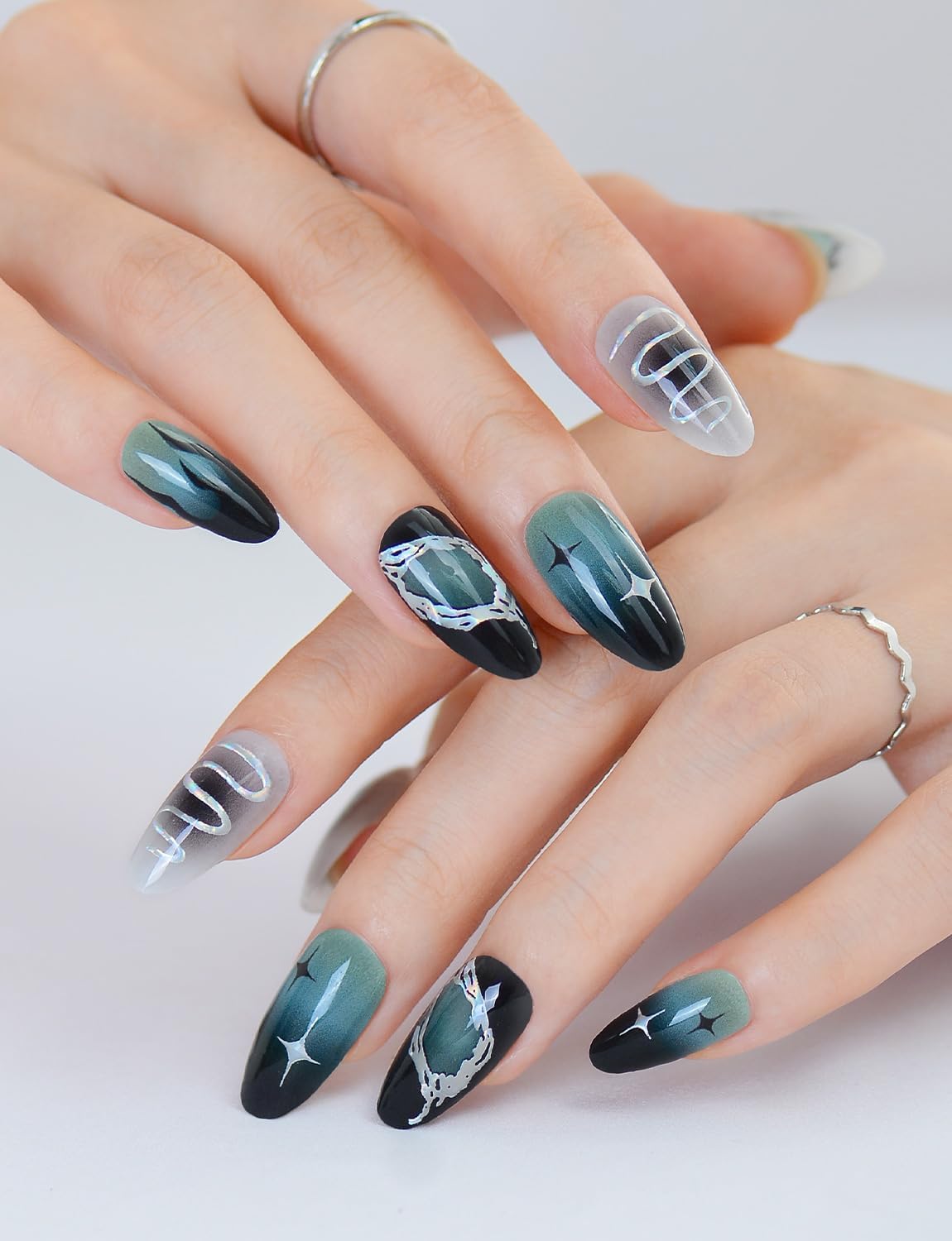 XT Semi Cured Gel Nail Strips Gothic Black Green Nail Sticker Work with UV Light Salon Quality Wraps (Midnight Sanctum 01)