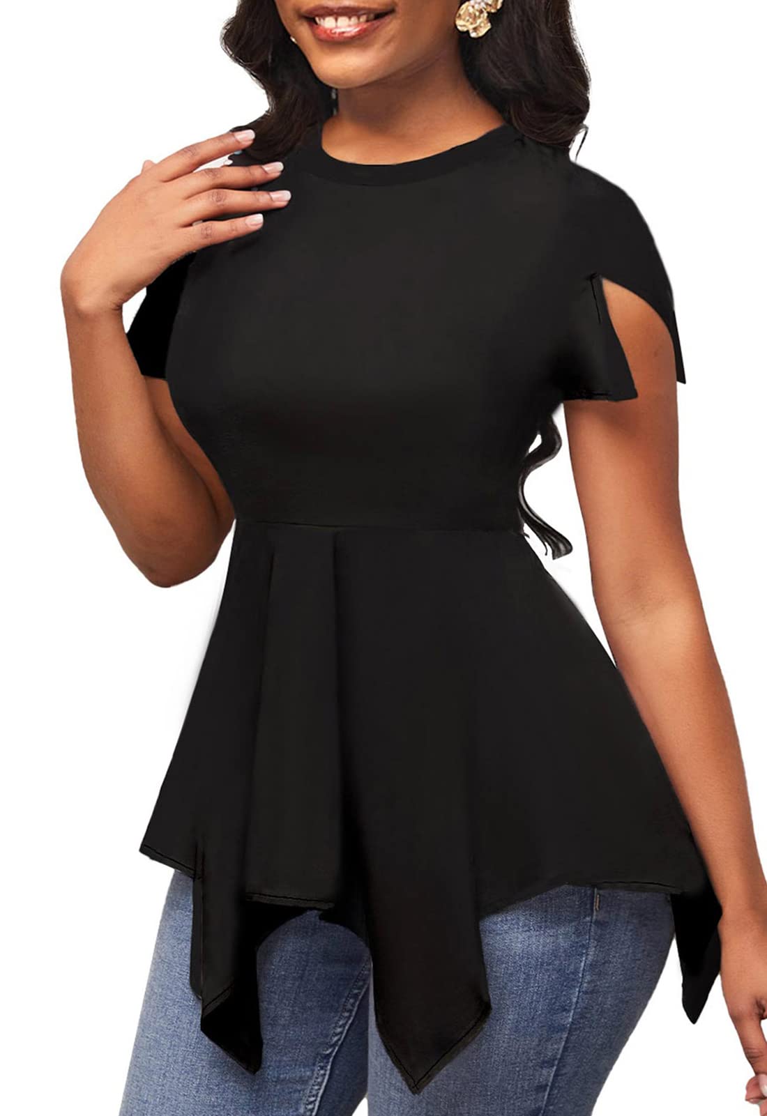 Women's Short Sleeve Peplum Tops - Casual Summer Blouse Top Ruffle Hem Asymmetrical Tunic Shirt Black M