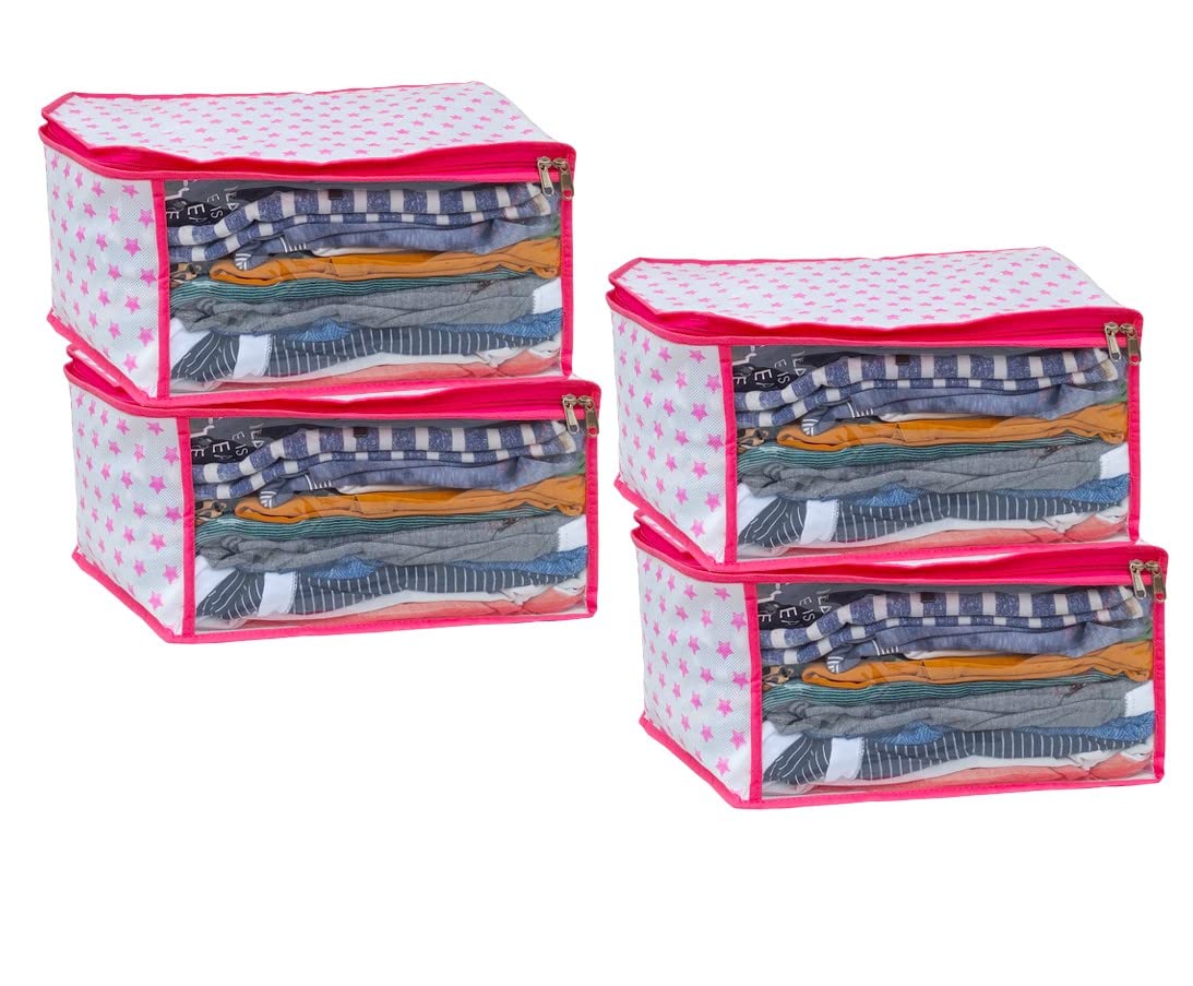 SH.NASIMA MANUFACTURER Non Woven Plain Fabric Blouse Cover or Storage Organizer With Double Metallic Zipper for Women (Pink) (Pack of 4)