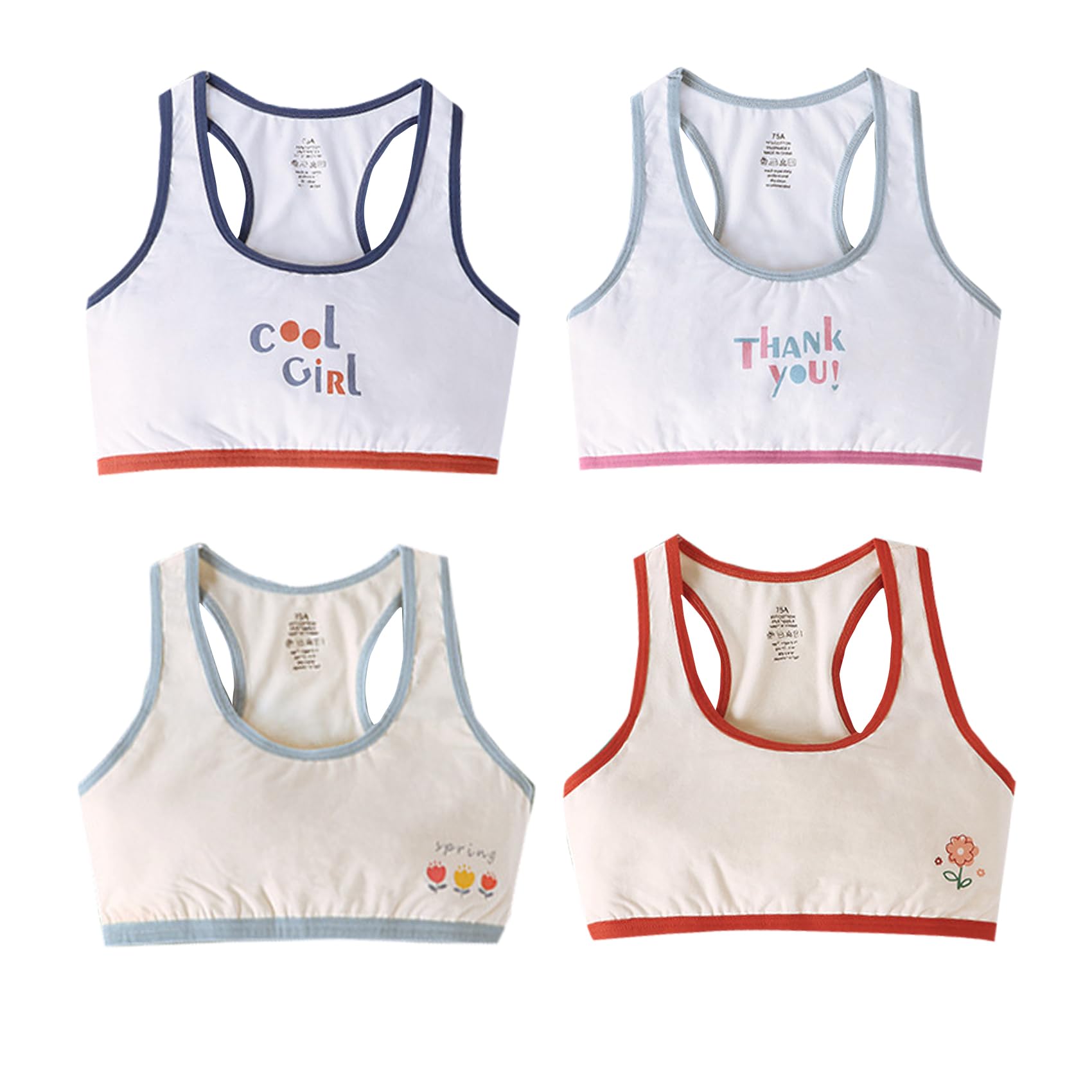 ORINERY Girls A-Cup Bra Cotton Lightweight Sport Bras Teens Seamless Cami Bralettes Soft Training Bras 4 Pack