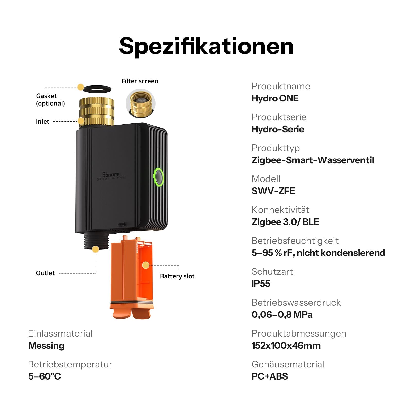 SONOFF SWV-ZFE Hydro ONE Zigbee Bewässerungscomputer, Messinganschluss, wetteradaptive Bewässerung mit Durchflussmesser, 4×AA, Zigbee-Hub erforderlich, kompatibel mit Home Assistant