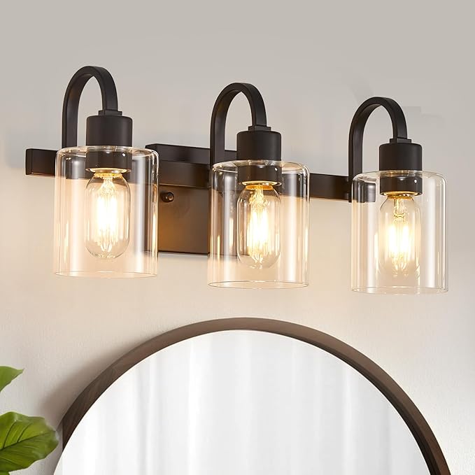 Szleomay 3-Light Bathroom Light Fixtures, Modern Black Vanity Lights Over Mirror, Wall Sconce with Clear Glass Shade and Metal Base, Matte Black Vanity Lights for Bathroom
