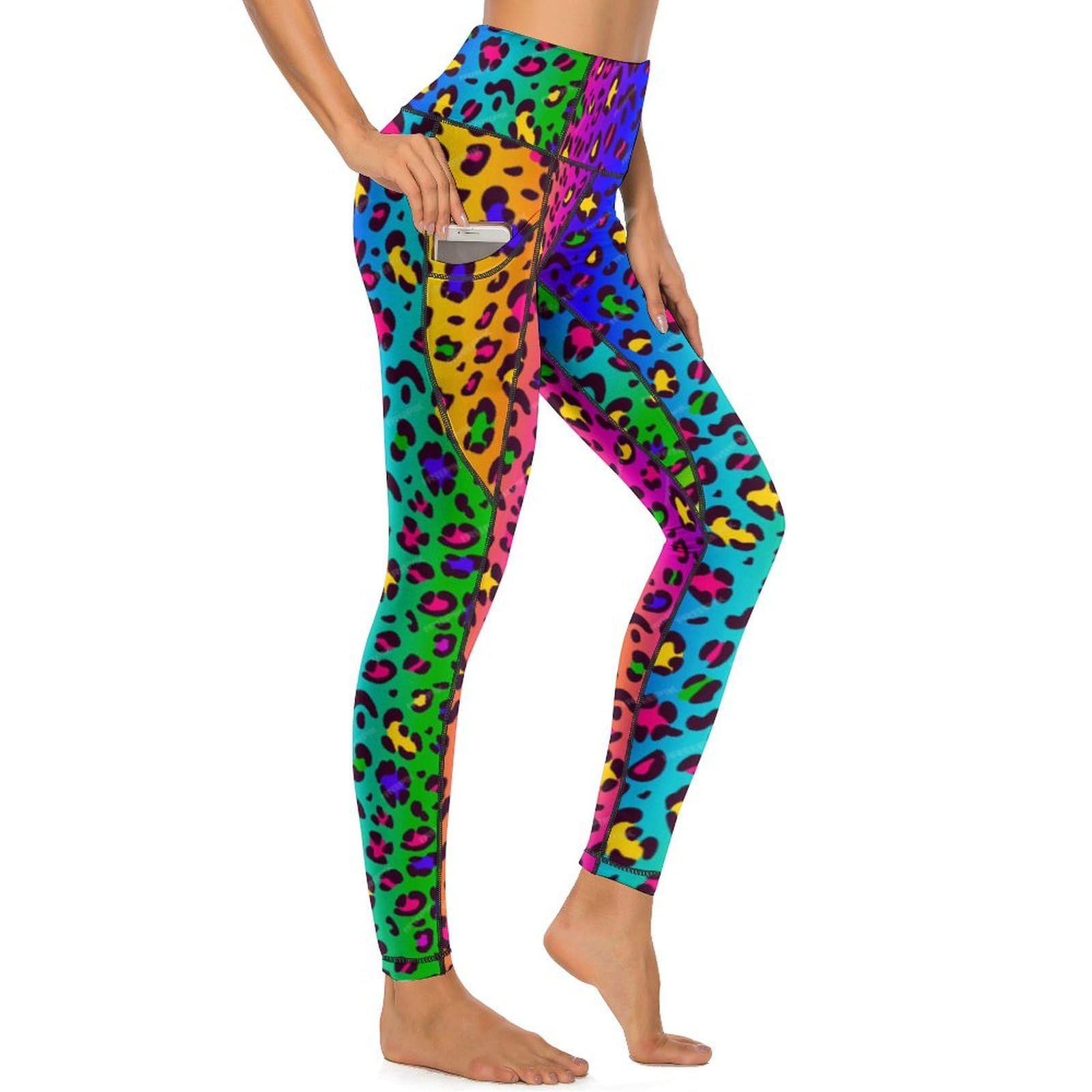 MSOKAZZLES Rainbow Leopard High Waisted Exercise Yoga Pants for Women Running Sports Workout Yoga Leggings with Pockets S