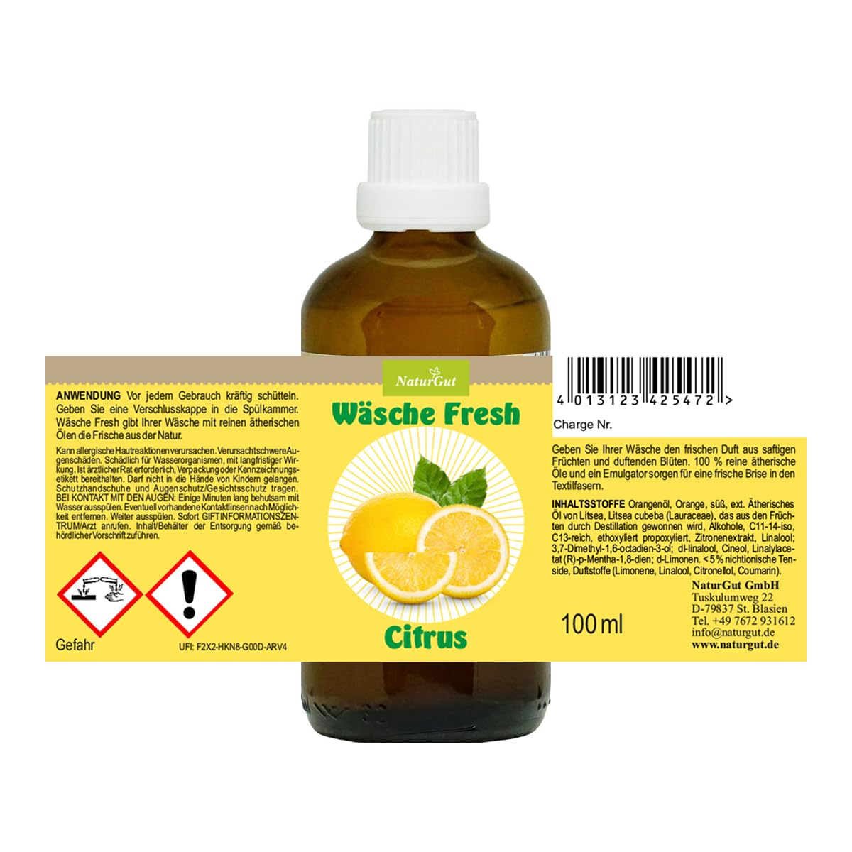 NaturGut Wäsche Fresh Citrus 3er Sparset (3 × 100 ml) – Waschparfüm mit 100% ätherischen Ölen – Frischer Zitrusduft aus Orange, Zitrone & Litsea Cubeba – Wäscheduft für Waschmaschine – Vegan