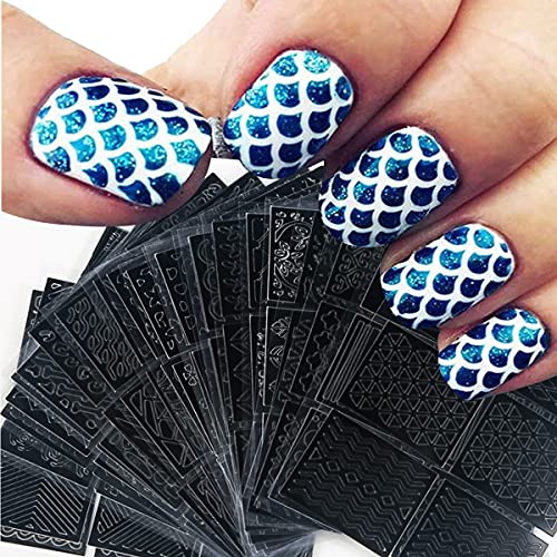 Nail Vinyls Nail Art Stencil Sticker Set, 144 Pieces 72 Designs French Tip Nail Guides, Holographic Acrylic Hollow Nail Art Stickers DIY Manicure Decor Supplies (24Large Sheets)