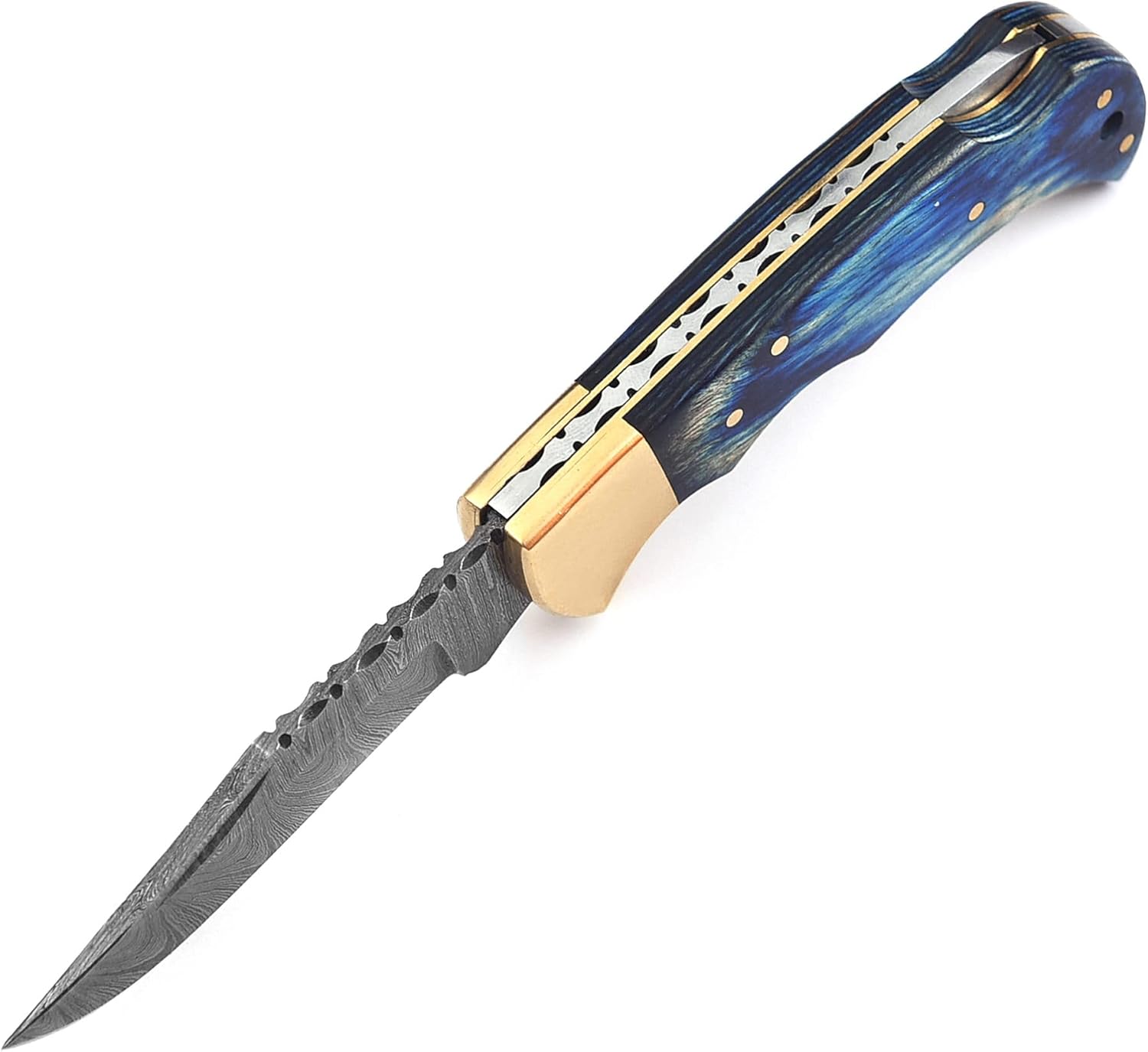Nesmo-505 Handmade Damascus steel Personalized Folding Knife Groomsman Gift Pocket Knife with Back Lock Gift for Boyfriend Men Anniversary Wedding Birthday Gift with leather Pouch ( Blue Pakka Wood Handle)