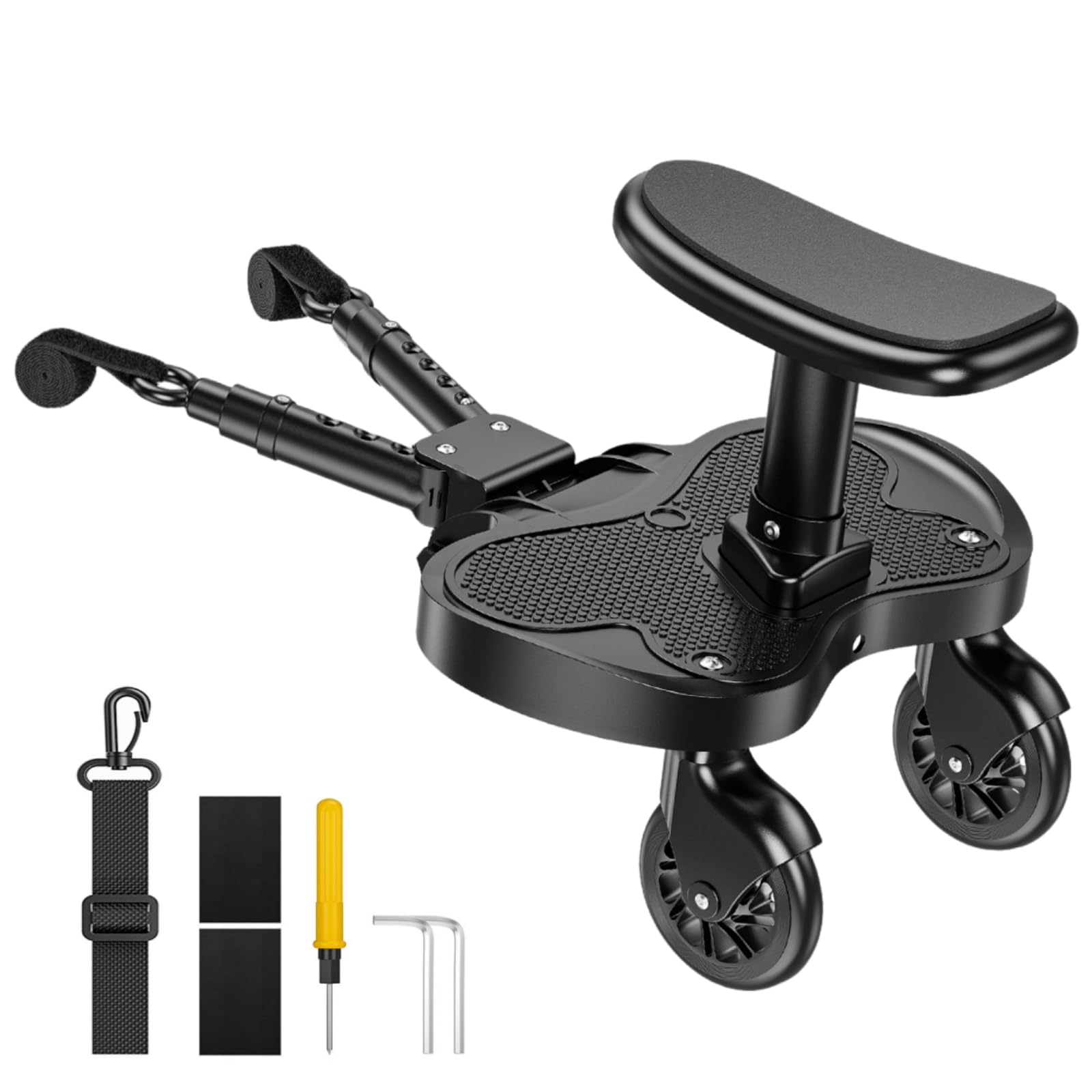 Pedana per passeggino, universale, con seduta grande, per bambini di 2-6 anni (portata 25 kg), altezza regolabile, compatibile con la maggior parte dei passeggini