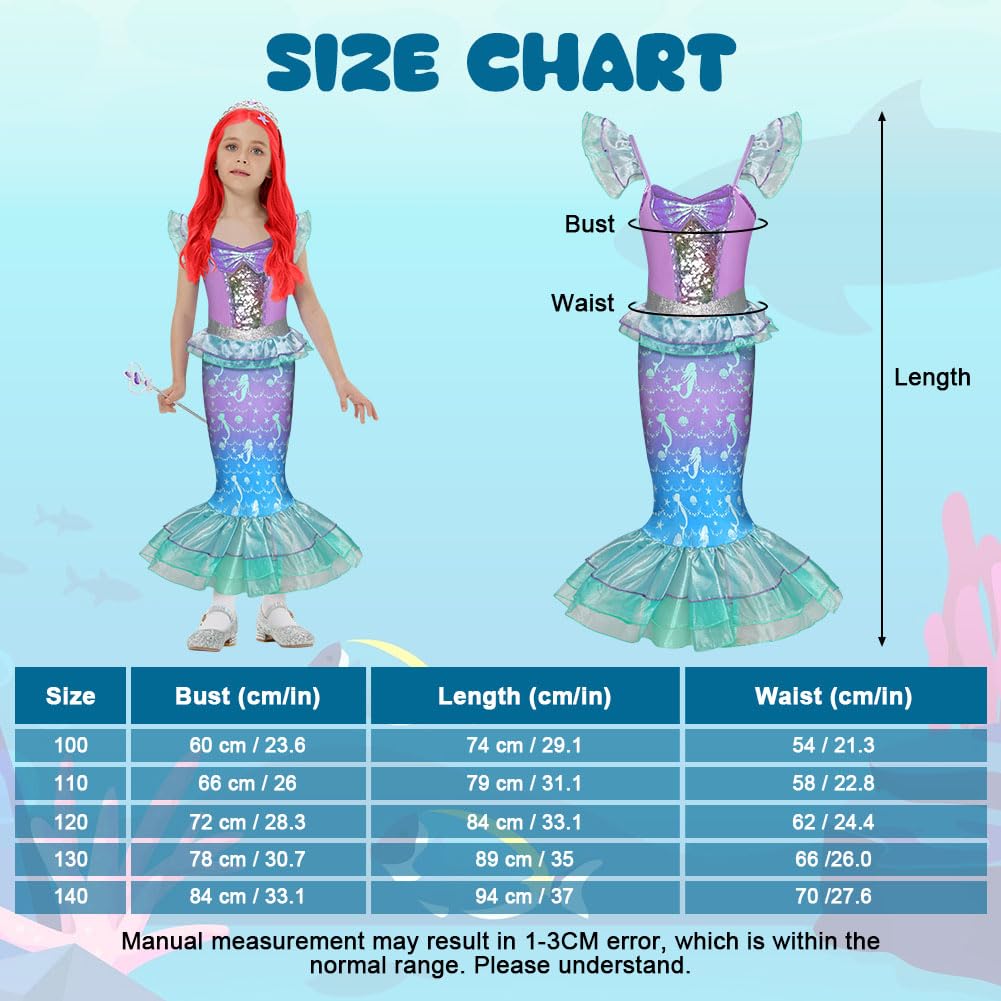 AYBUY Vestito Principessa Sirena, Vestito Sirena Ragazza con Parrucca, Costume da Sirenetta Vestito con 3 pezzi Accessori per Halloween, Natale, Cosplay, Compleanno