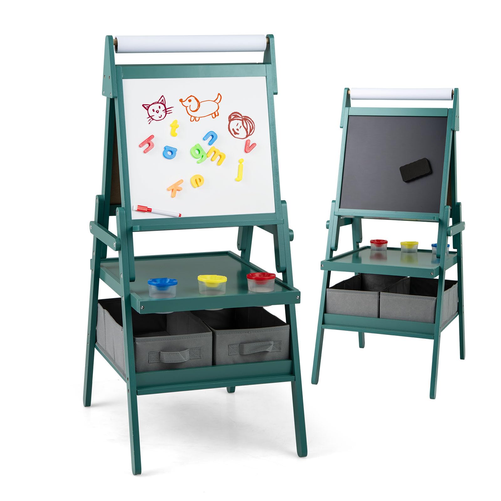 DREAMADE 3 in 1 Kinder Staffelei, doppelseitige Staffelei mit magnetischem Whiteboard, Kreidetafel, Papierrolle, 4 Farbbechern & 2 Stoffboxen, Kunststaffelei für Kinder ab 3 Jahre (Dunkelgrün)