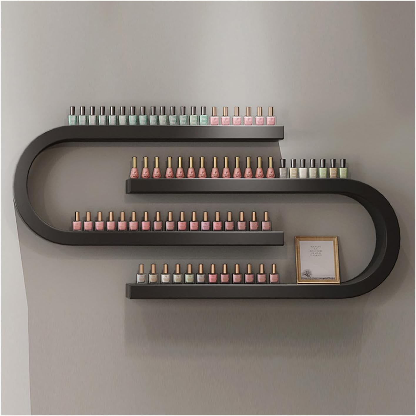 Estante de almacenamiento de aceites esenciales, estante montado en la pared para esmalte de uñas y perfume, organizador de belleza multifuncional para salón y tienda de uñas (negro)