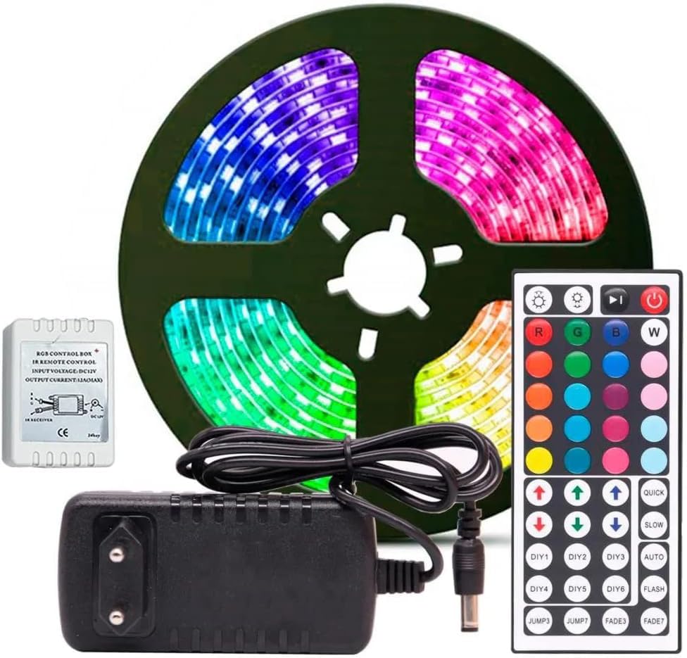 Fita LED RGB 3528, 5 Metros, com Controle Remoto e Fonte 12V 2A, ...