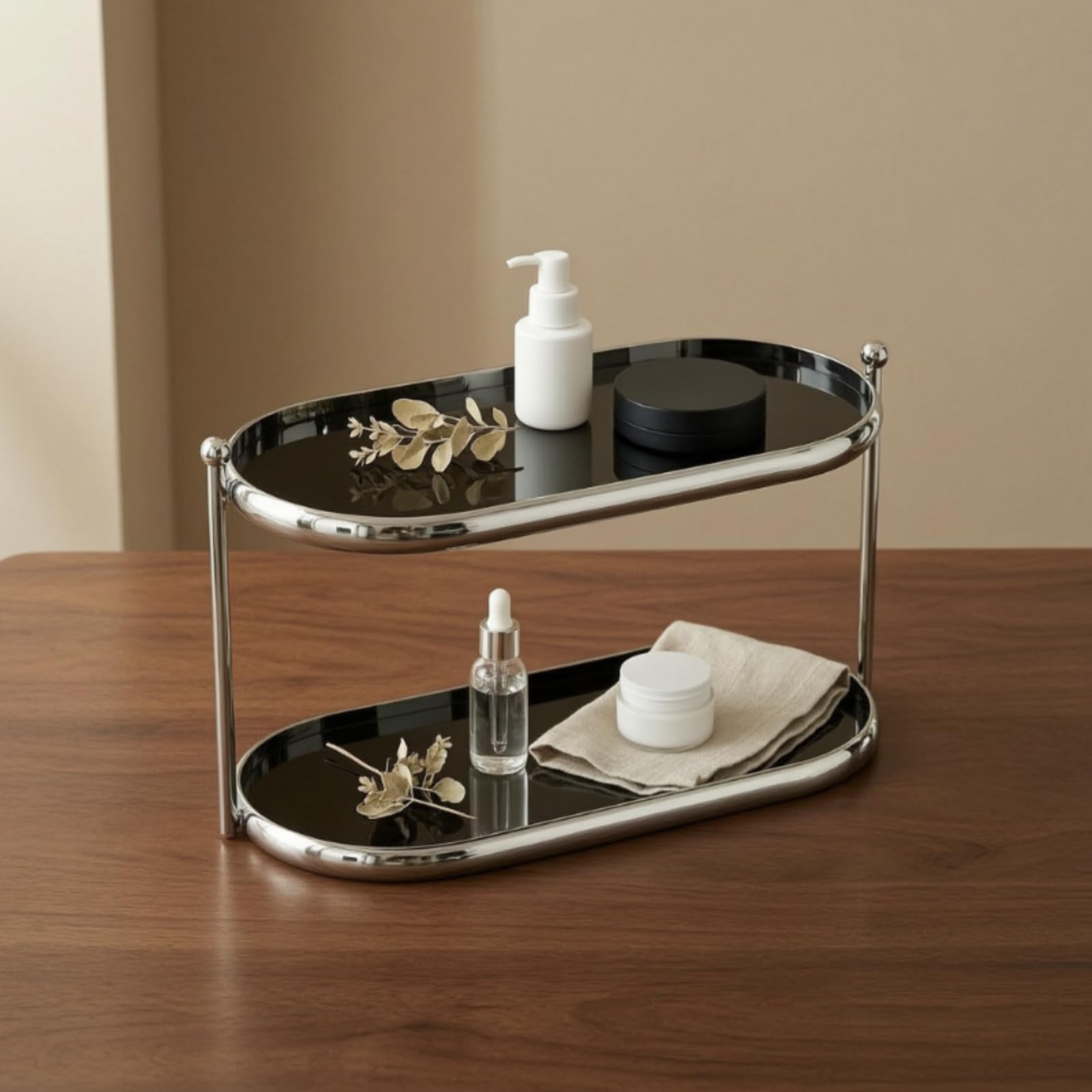 Estante de Almacenamiento de Dos Niveles Organizador de Cosméticos Joyas Maquillaje Perfumes Estantería Acrílica con Estructura Metálica Resistente, Beige, Style to 3